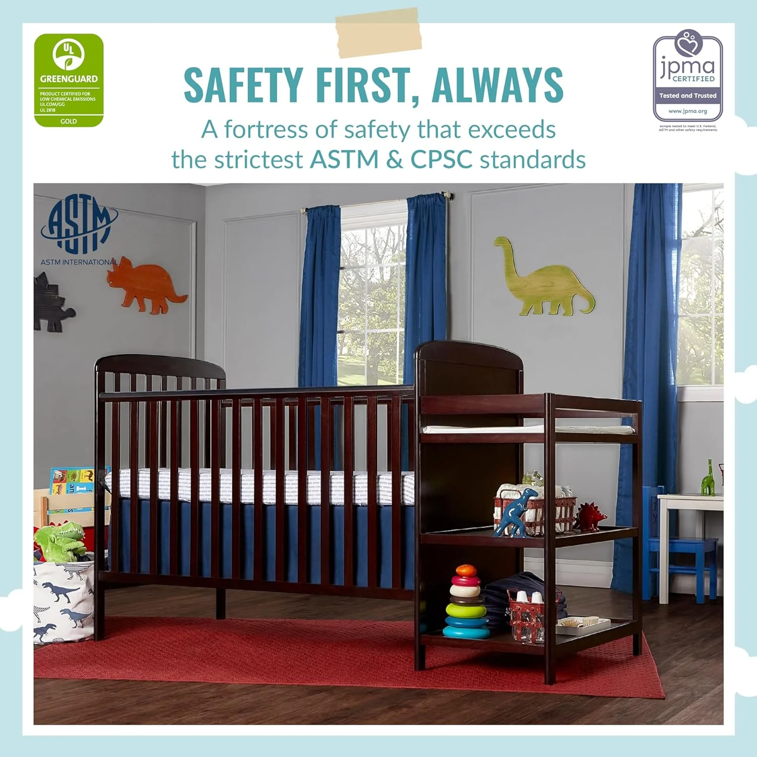 Dream On Me Anna 3-in-1 Full-Size Crib and Changing Table Combo in Espresso, Greenguard Gold Certified, Non-Toxic Finishes, Includes 1