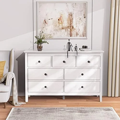 White Dresser 7 Drawer Dresser for Bedroom White Dresser with Black Knobs Dresser Chest of Drawers for Office Room