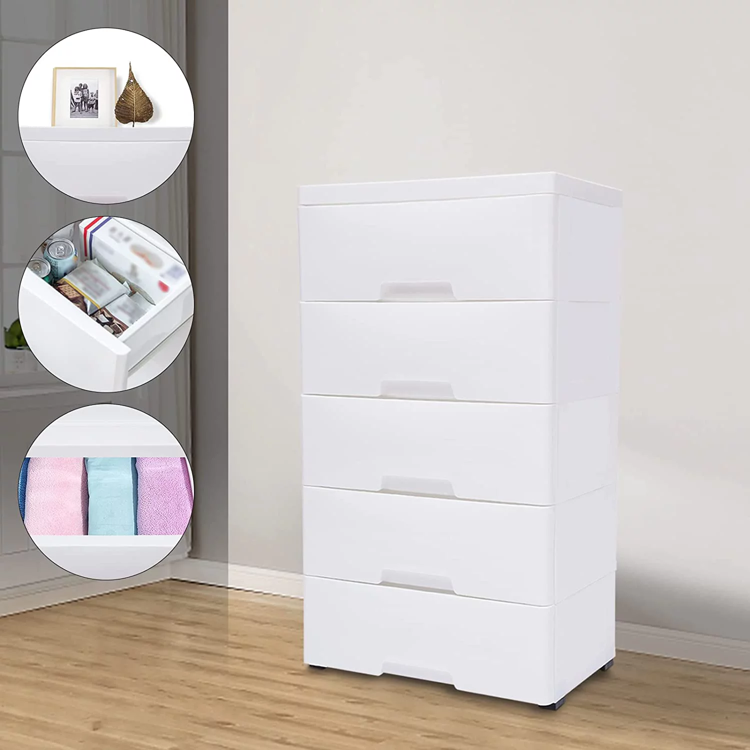 Fichiouy 5-Layer Plastic Dresser Clothes Toys Storage Cabinet with Removable Pulley for Unit Home Office Bedroom