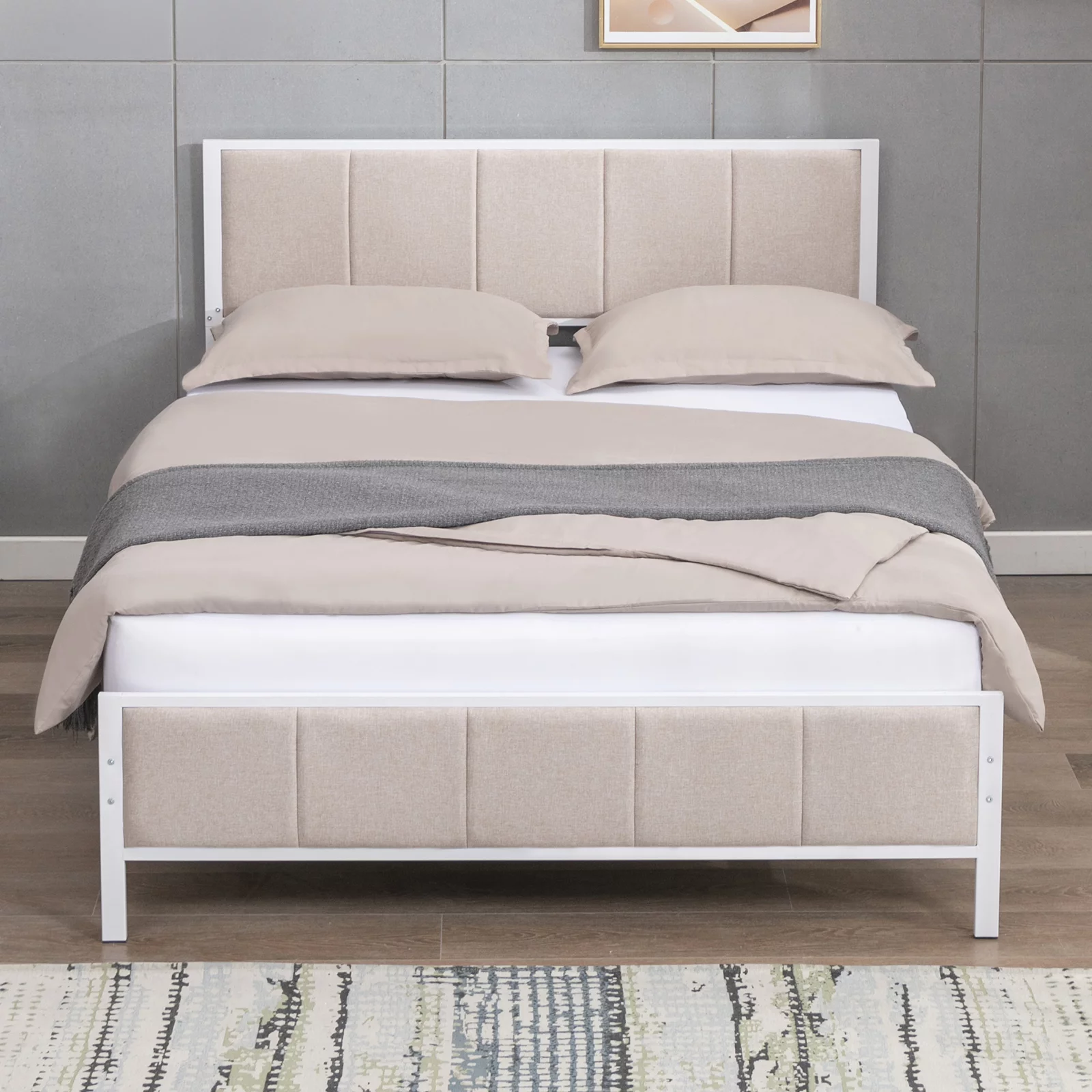 Mixoy Modern King Size Upholstered Platform Bed Frame with Linen Headboard,Heavy Duty Metal Mattress Foundation,Strong Metal Frame(King,Beige)