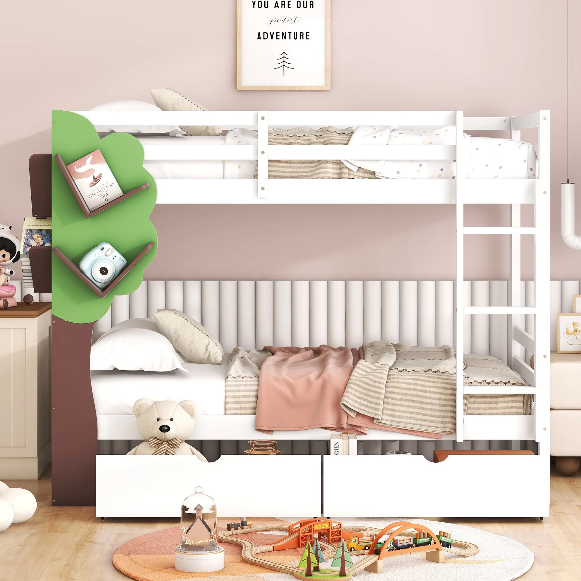 Modern Twin Over Twin Bunk Bed with Drawers, Wood Slat Bed Frame with Tree Decor Storage Shelves Rack for Child Kids