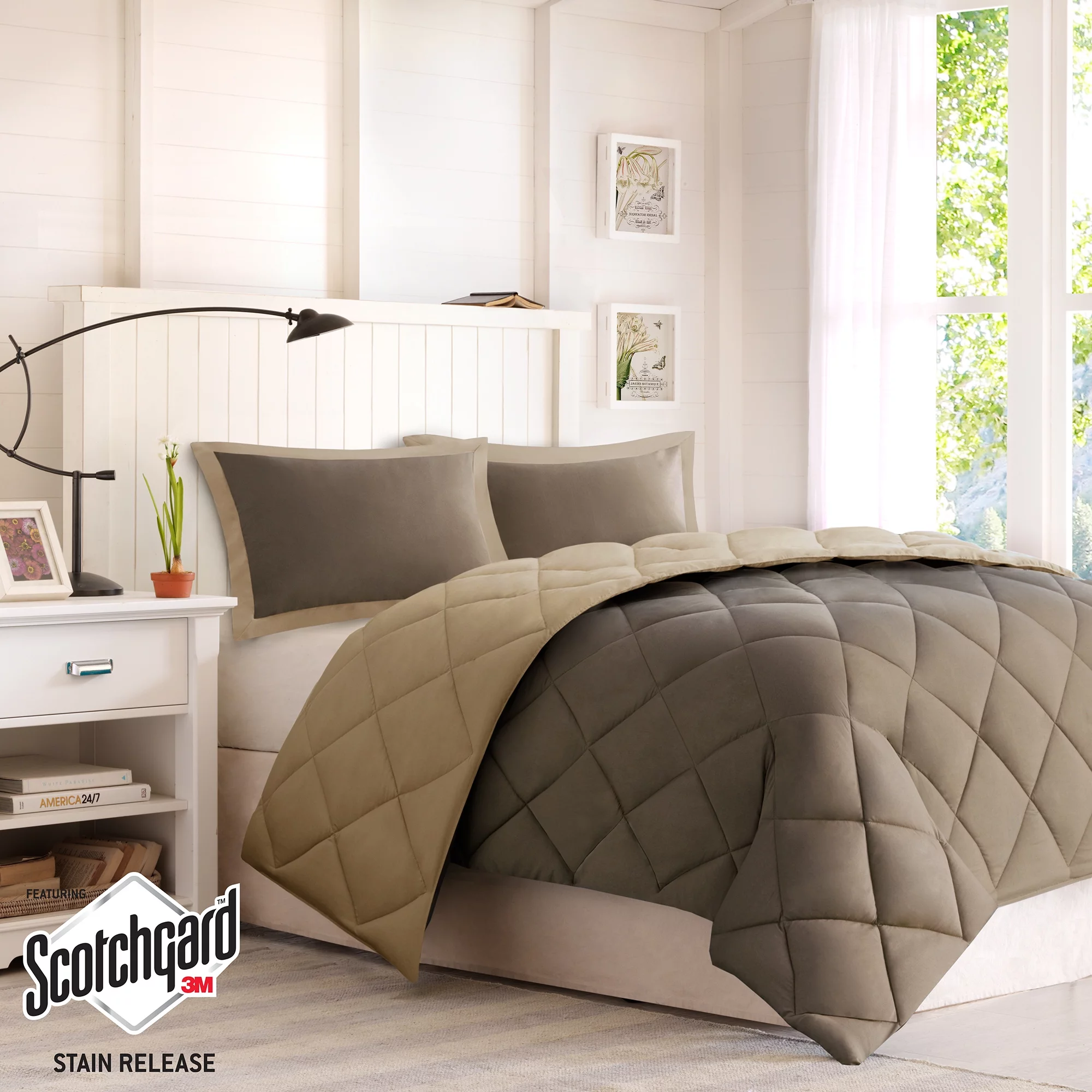 Comfort Classics Windsor Reversible Down Alternative 3M Scotchgard Comforter Set, Brown/Sand, Twin/Twin XL
