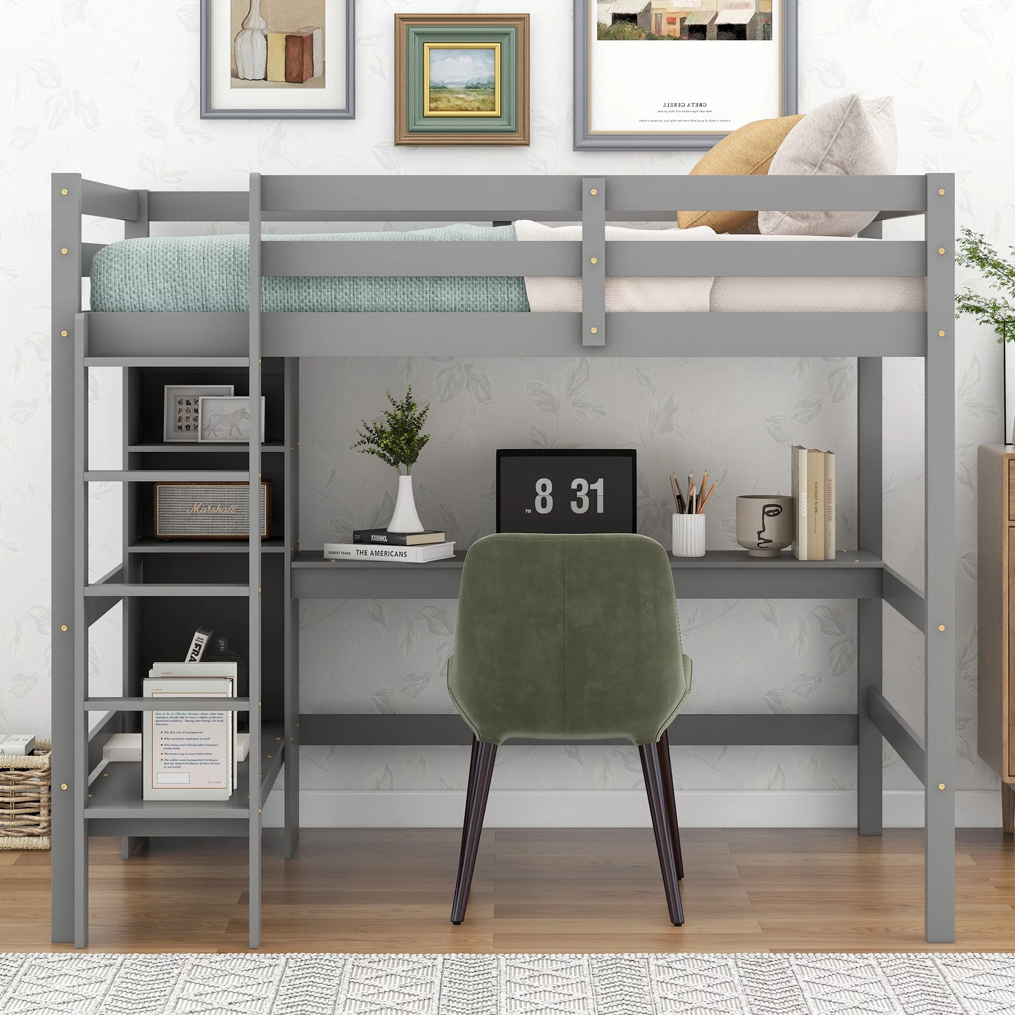 Euroco Full Size Loft Bed with Desk, Shelves and Bench for Kids Room, Solid Wood Bed with Relax Bench, Gray