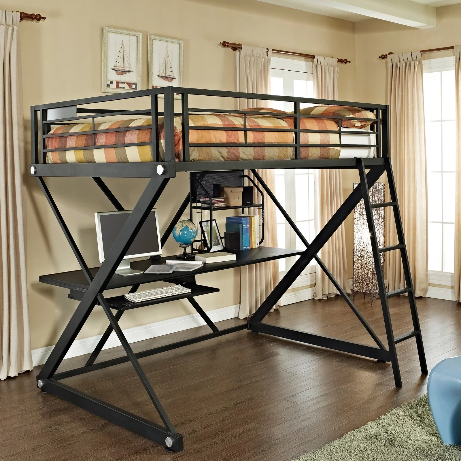 Linon Z-Bedroom Full Size Metal Study Loft Bunk Bed in Black
