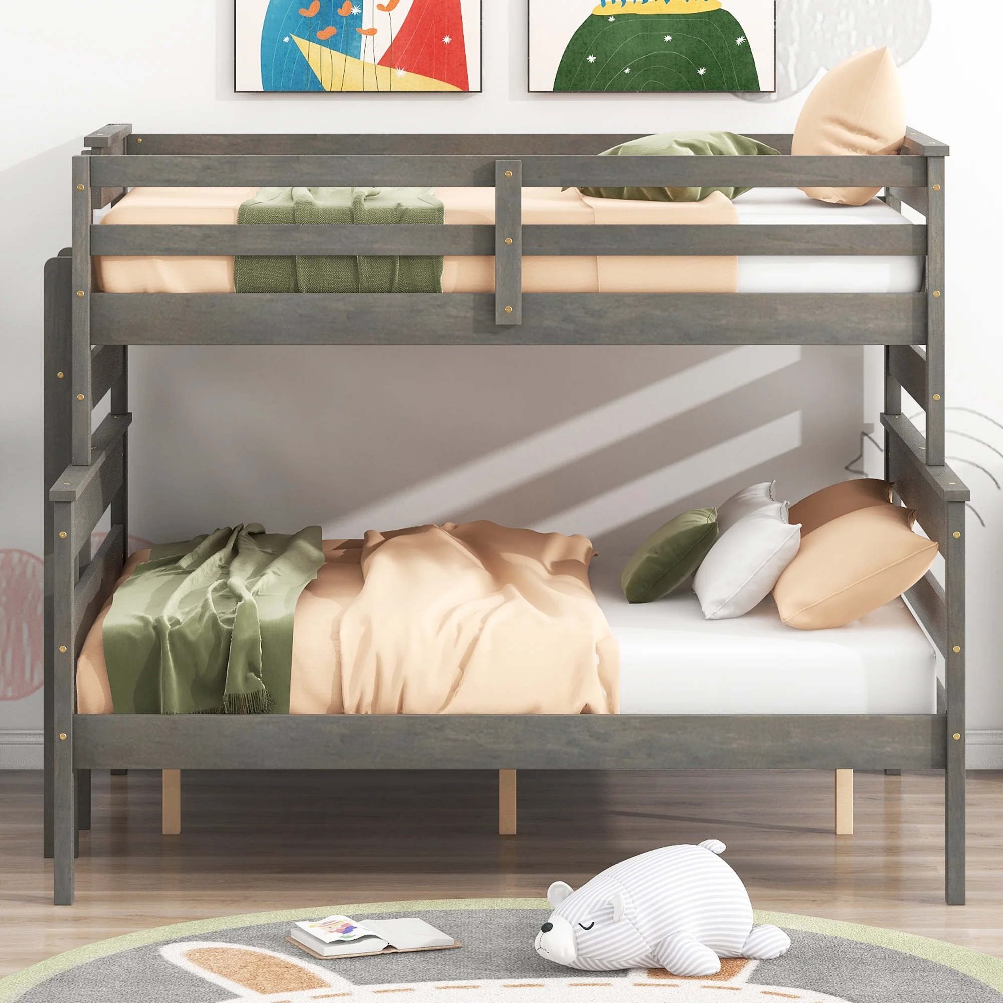 EUROCO Twin over Full Bunk Bed, Convertible 2 Beds for Kids Teens Adults with Ladder, Gray