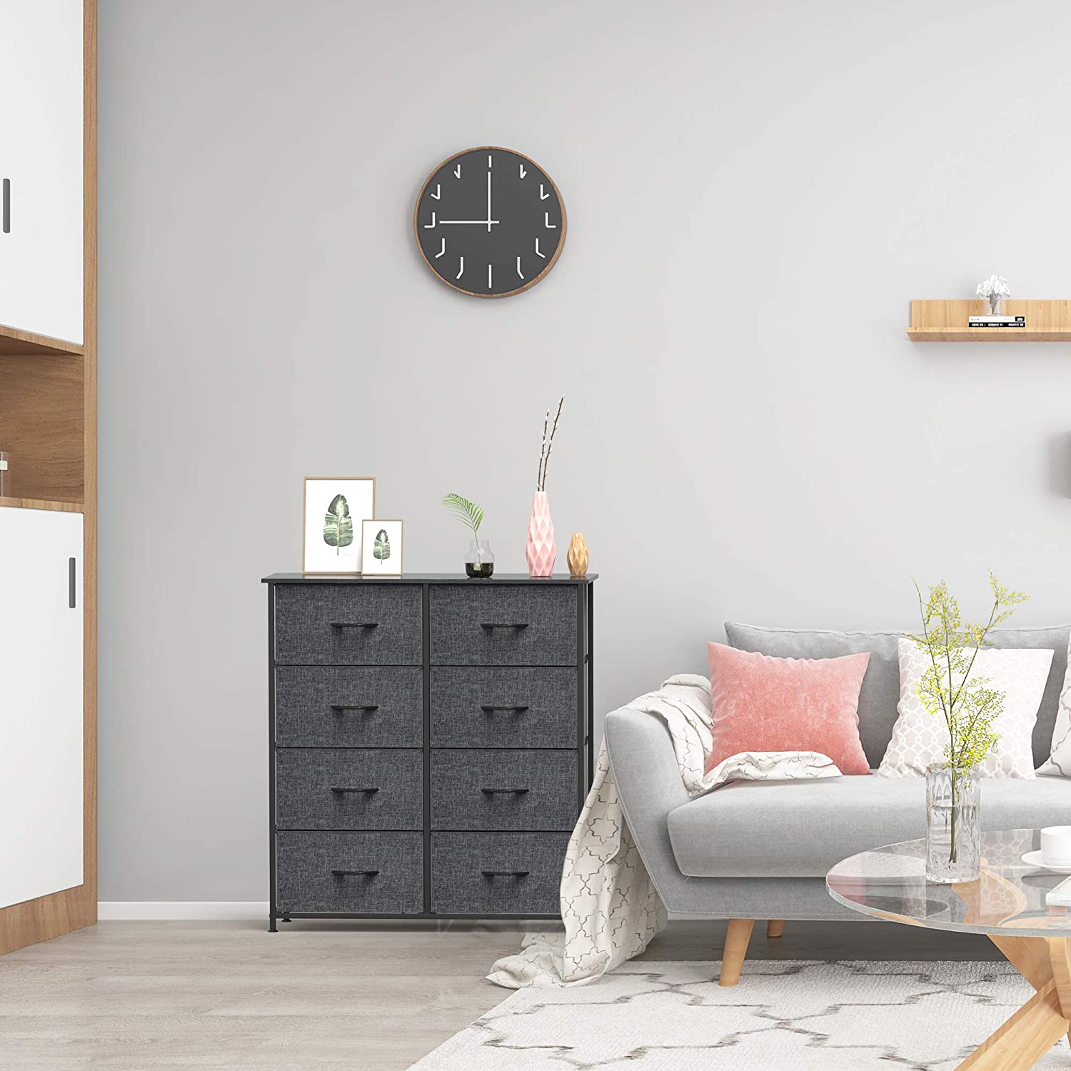 RUNFAYBIU Fabric Dresser with 8 Easy Pull Drawers Steel Frame and Wooden Top Dressers for Bedroom Closets Entryway Nursery Dorm Room - Black Grey