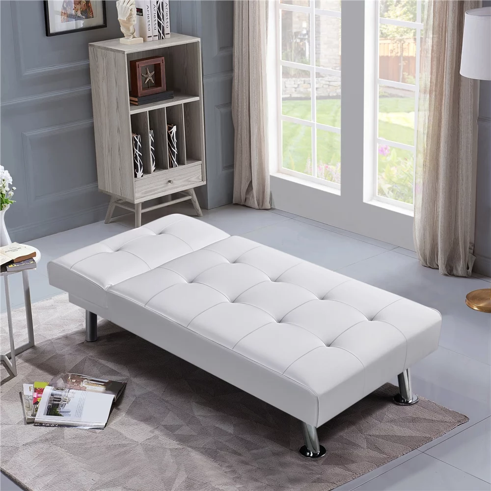 Yaheetech Faux Leather Chaise Lounge Convertible Futon Daybed With Chrome Metal Legs, White