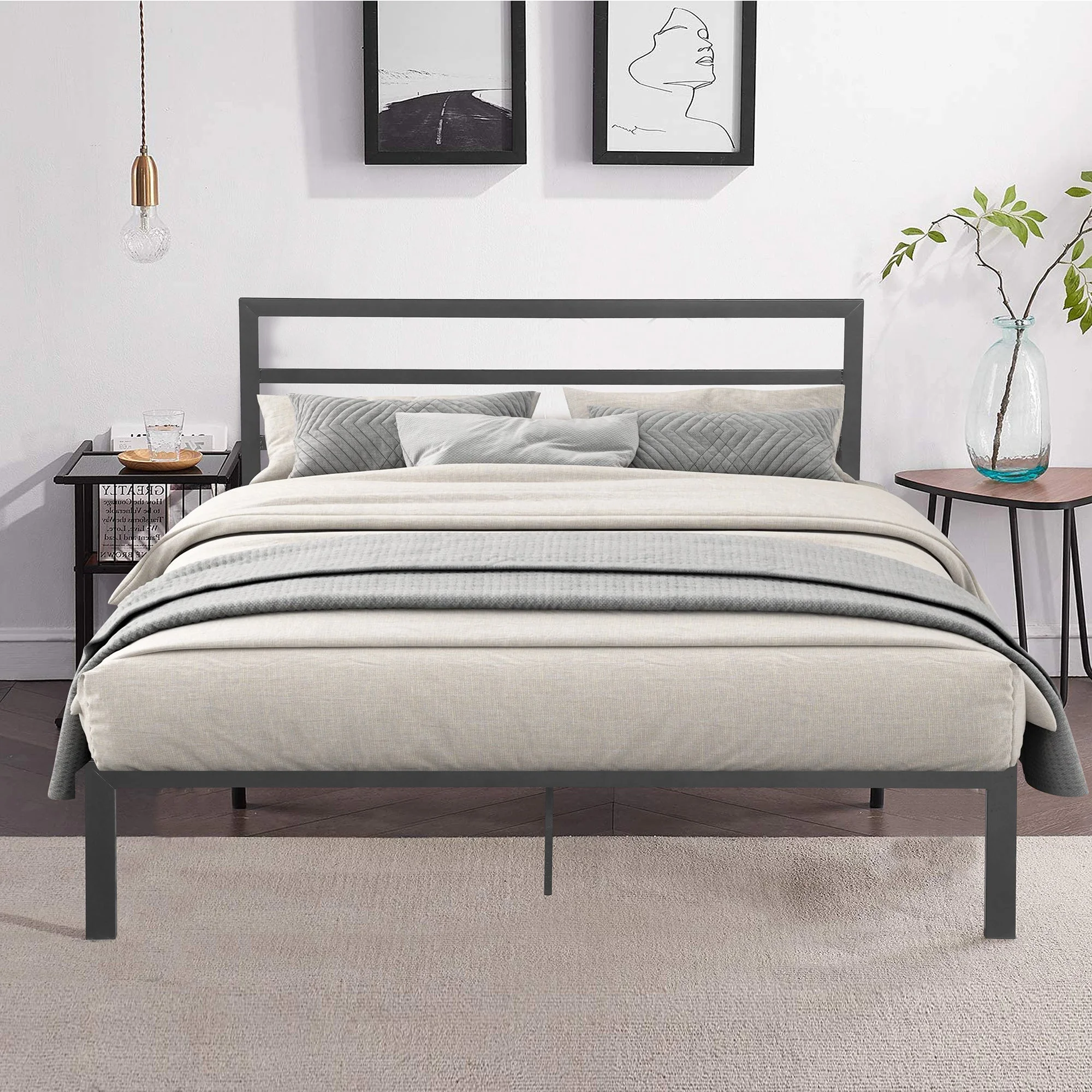 RegalRest Charcoal Grey Queen Size Metal Bed Frame