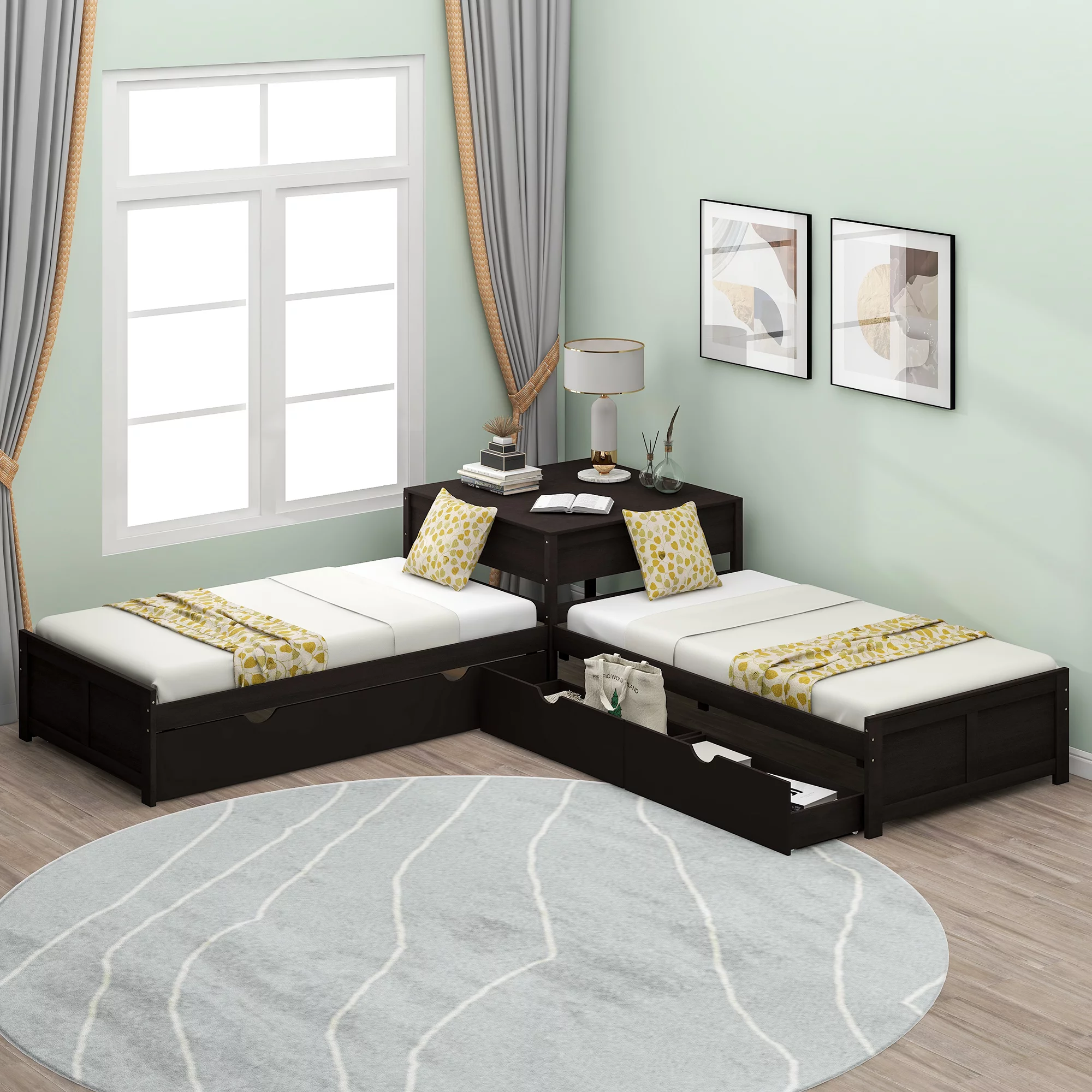 Pine Wood L-Shaped Twin Platform Bed with Storage Drawers and Trundle, Burgundy