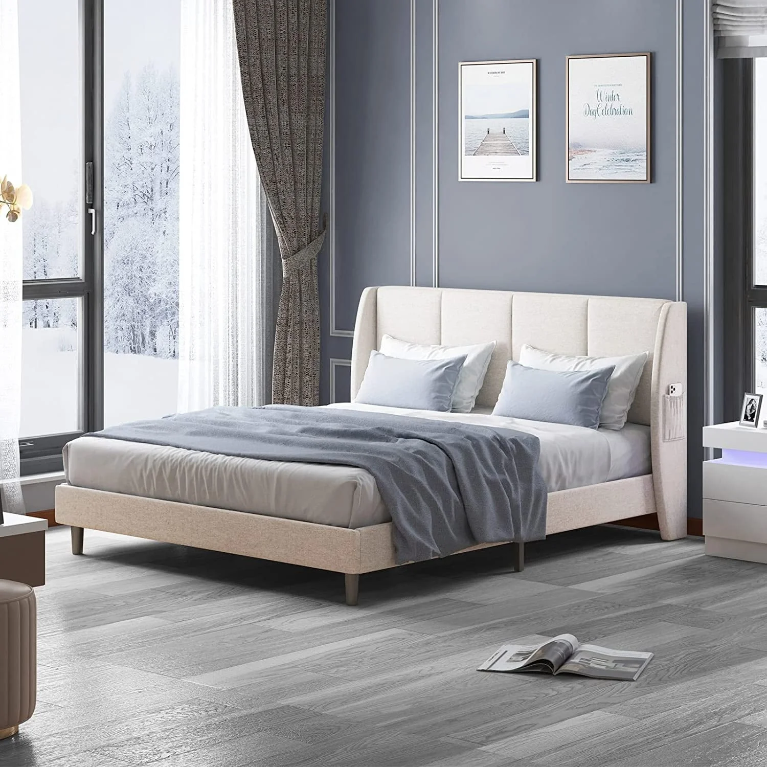 Mixoy Bed Frame with Channel Tufted Headboard Design Side Wingbacks Storage Pockets Linen Upholstered Platform Bed Frame Dark Grey - King