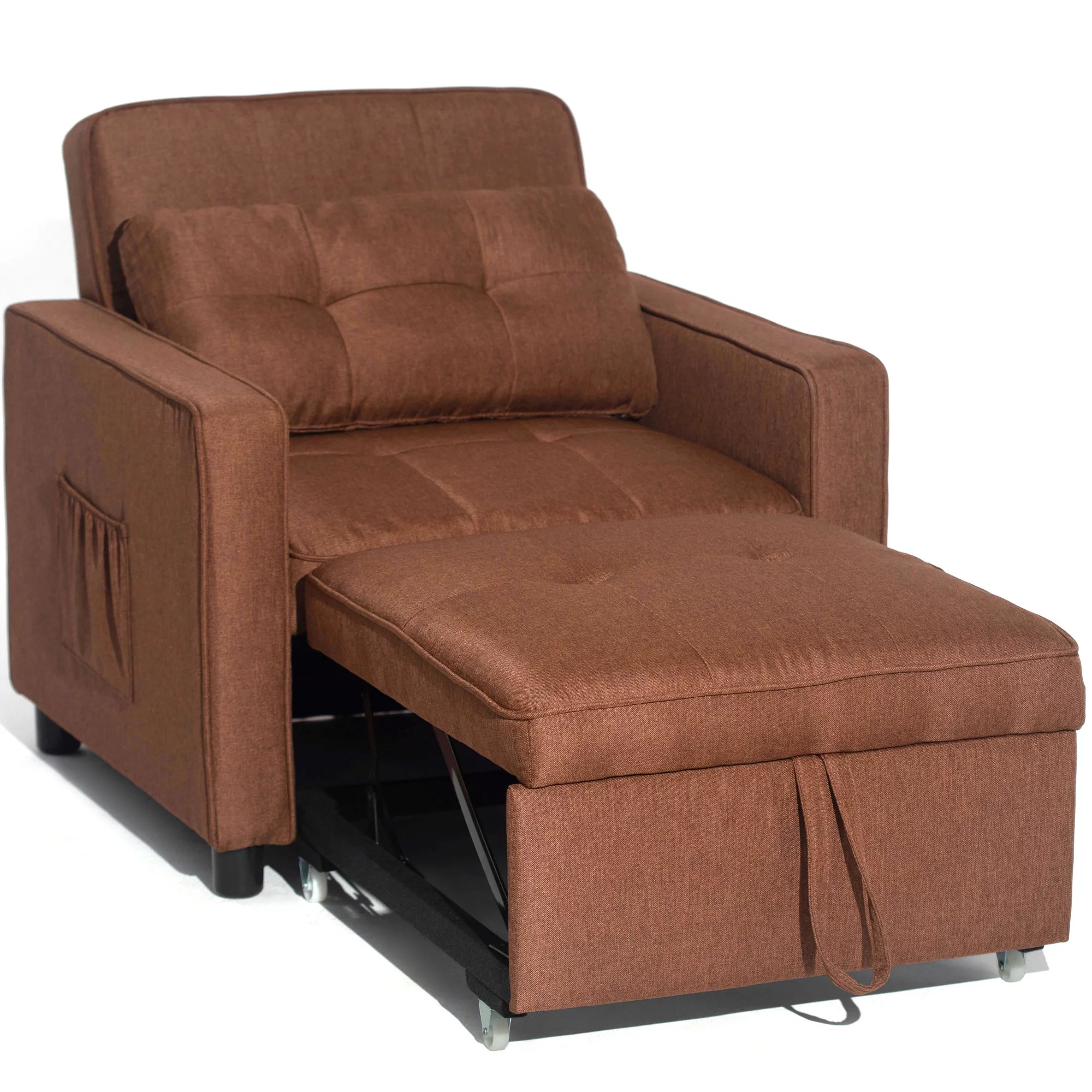 Daybed Convertible Chair Bed Sofa Sleeper 3-in-1 for Adults Single Adjustable Chair with Pillow and Pocket Linen Fabric Modern Arm Chair Brown