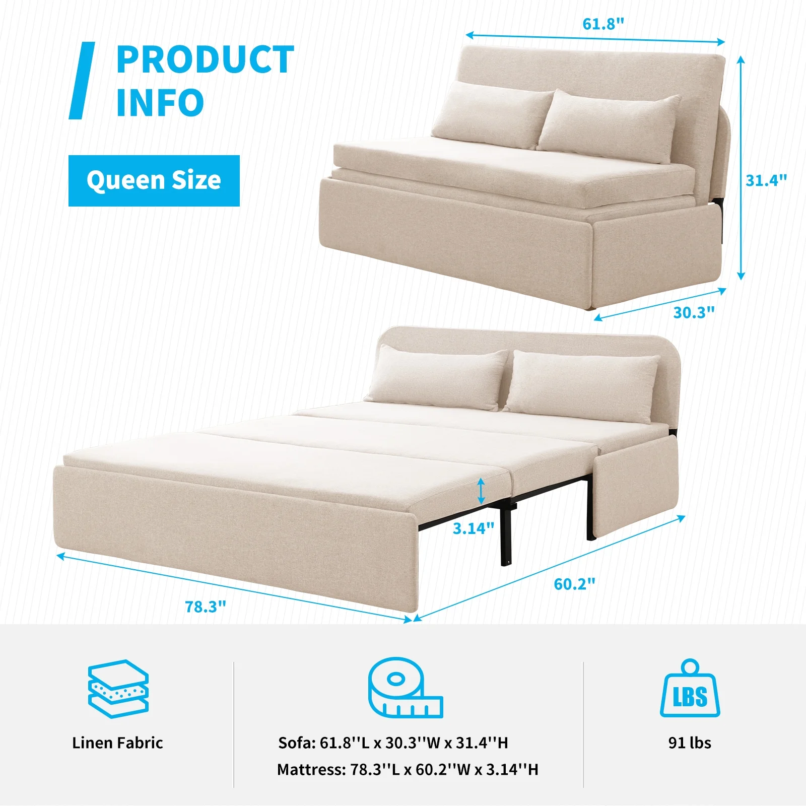 Mjkone Queen Size Convertible Sofa Bed, Modern Pull Out Linen Sleeper Sofa Couch, Revesible Couch Bed with Cushions&Throw Pillows for Small Place/Apartment/Living Room/Office/Studio (Beige)