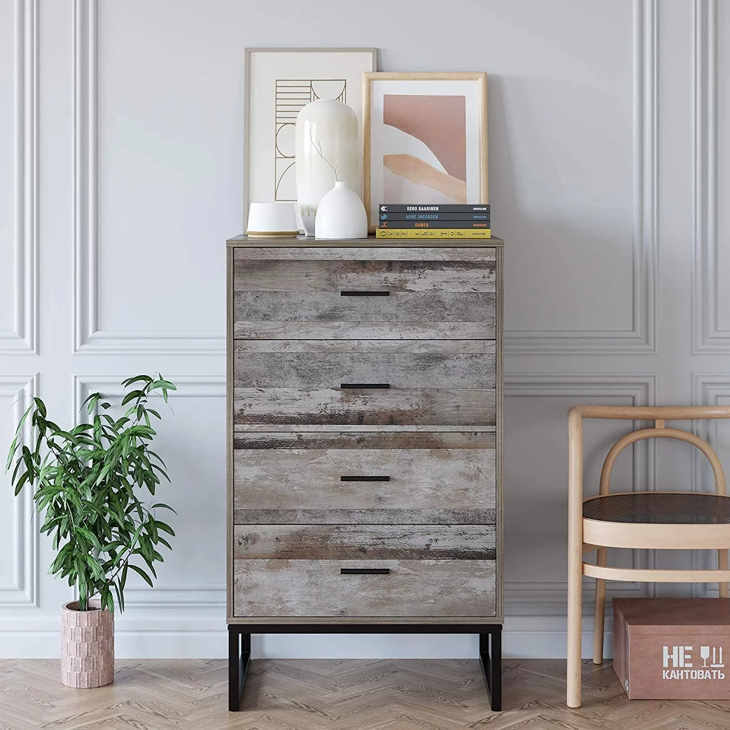 Homfa 4 Drawer Dresser, 23.6'' W Wide Chest of Drawers, Wood Storage Nightstand for Living Room, Classic Gray
