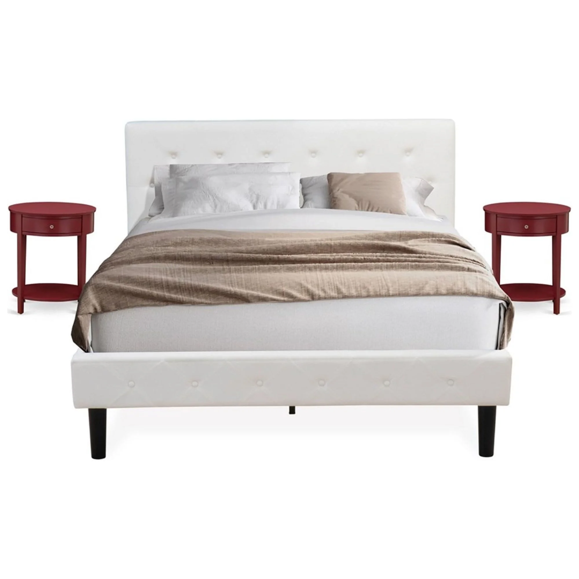 East West Furniture Nolan 3-Piece Wood Queen Bedroom Set in White & Burgundy
