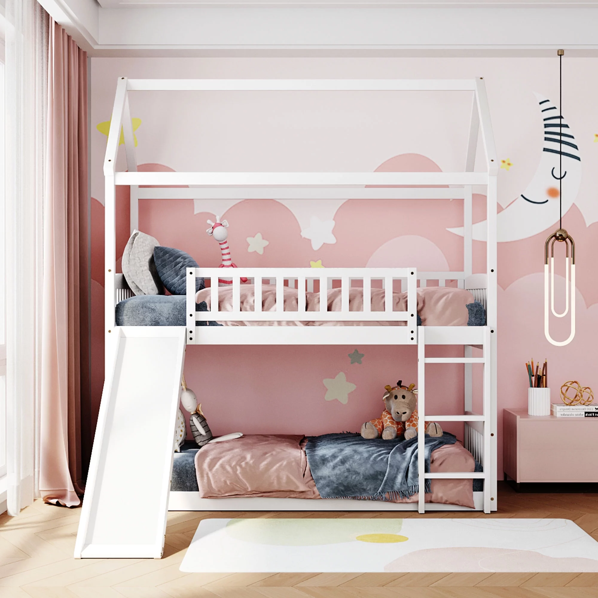 Momspeace Twin over Twin Bunk Bed with Slide and Ladder, Wooden Bed Frame for Kids, Teens, White