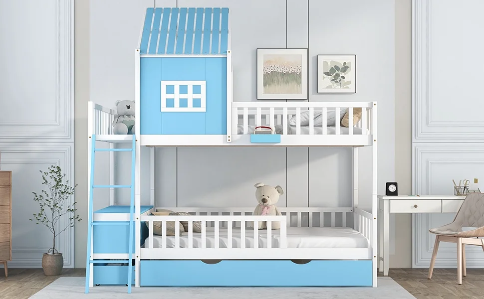 LANTRO JS Full over Full Bunk Bed with Twin Size Trundle, Farmhouse Bed with Storage Box and Drawer Blue