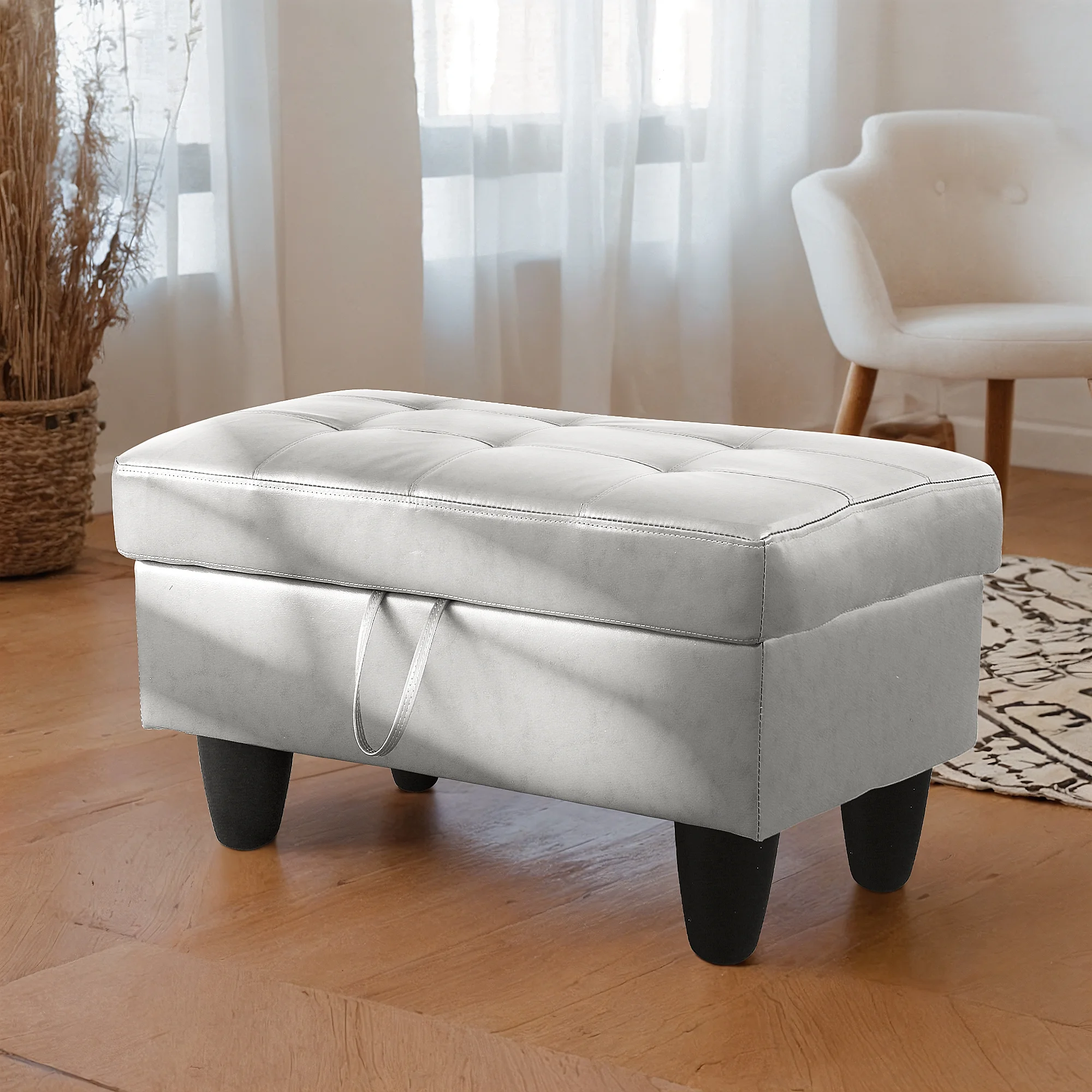 Leather Storage Ottoman Bench Storage Chest for Sofa Couch Bedroom End of Bed Living Room Silver-white