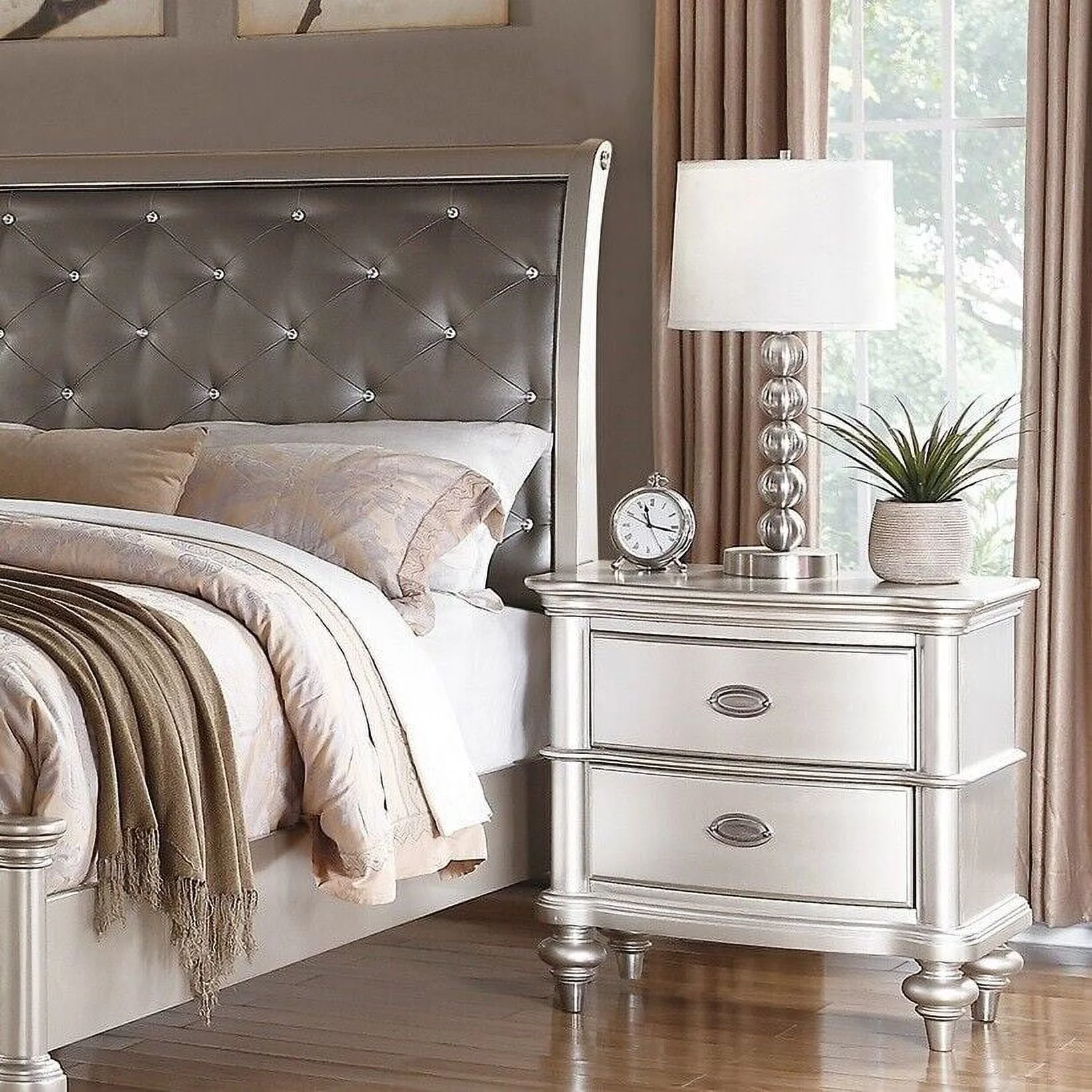 Traditional Look California King Size Bed 3pc Set Faux Leather Tufted Headboard Nightstand Silver Finish Bedroom Furniture