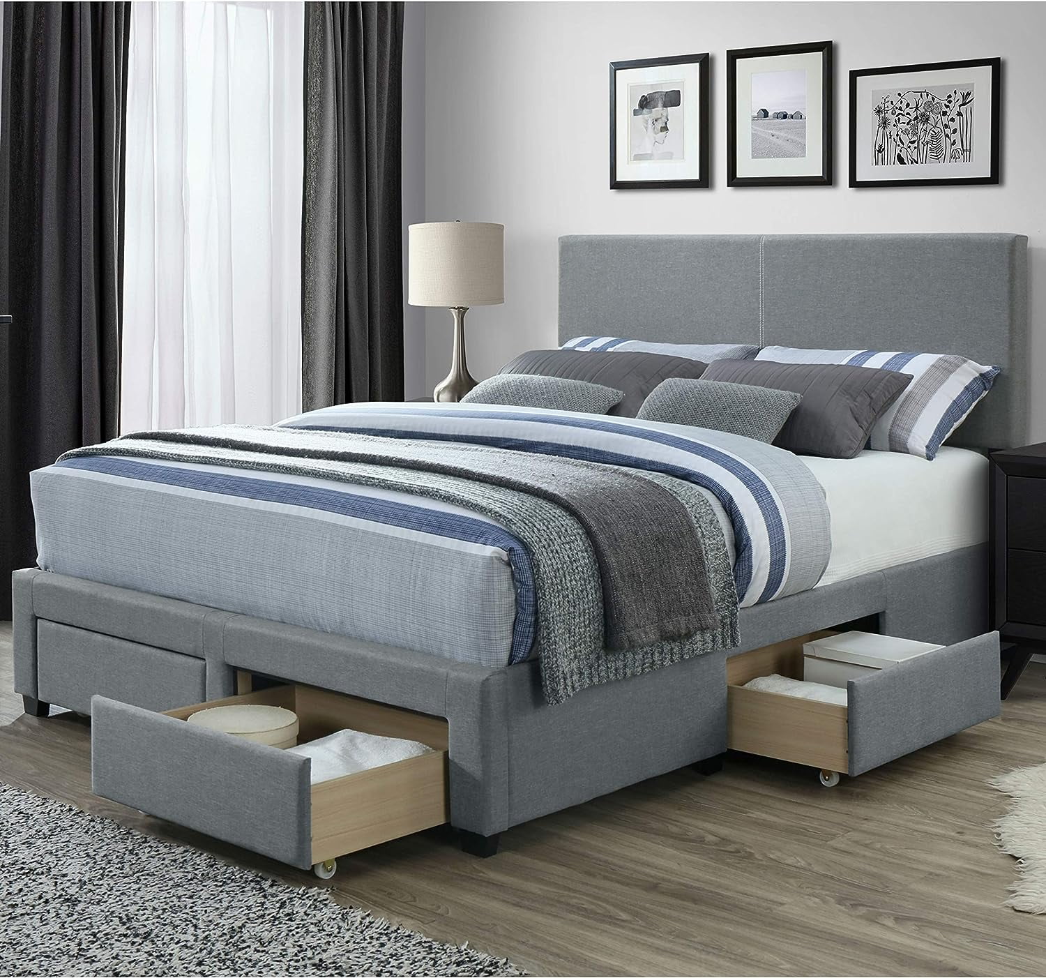 YOJFOTOOU. Kelly Panel Bed Frame with Storage Drawers and Upholstered Headboard, Queen Size in Grey Linen Style Fabric