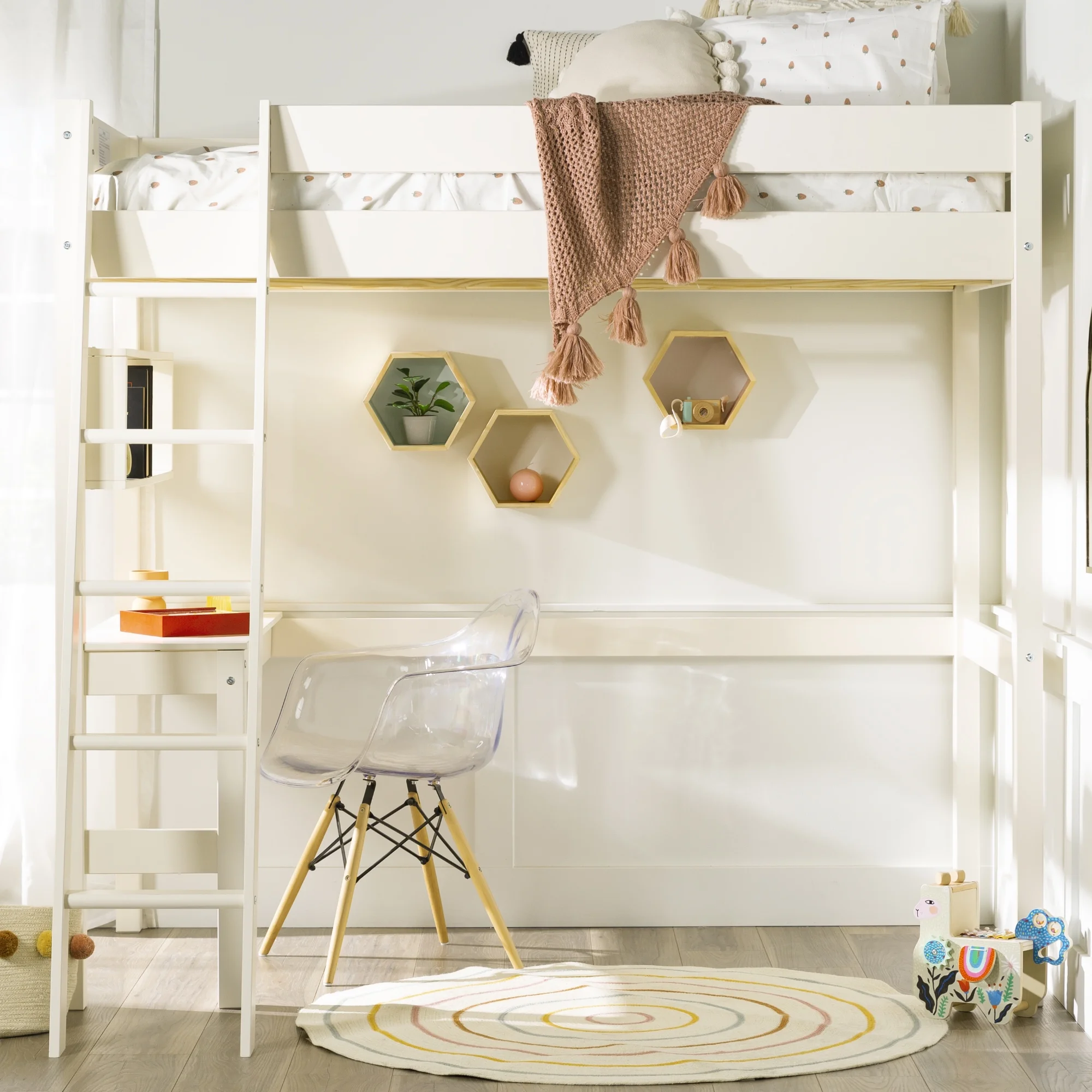 Walker Edison Modern Solid Wood Twin Loft Bed with Built-in Desk, White
