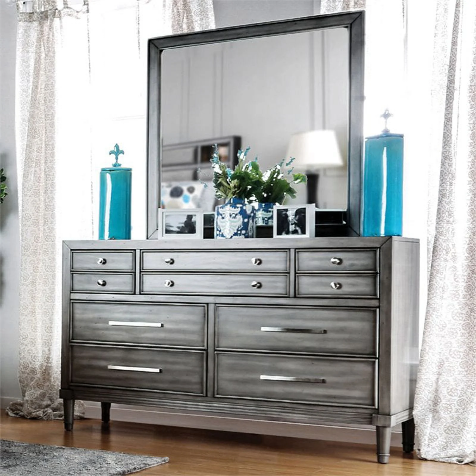 Furniture of America Cartagena 2-Piece Wood Dresser and Mirror in Gray
