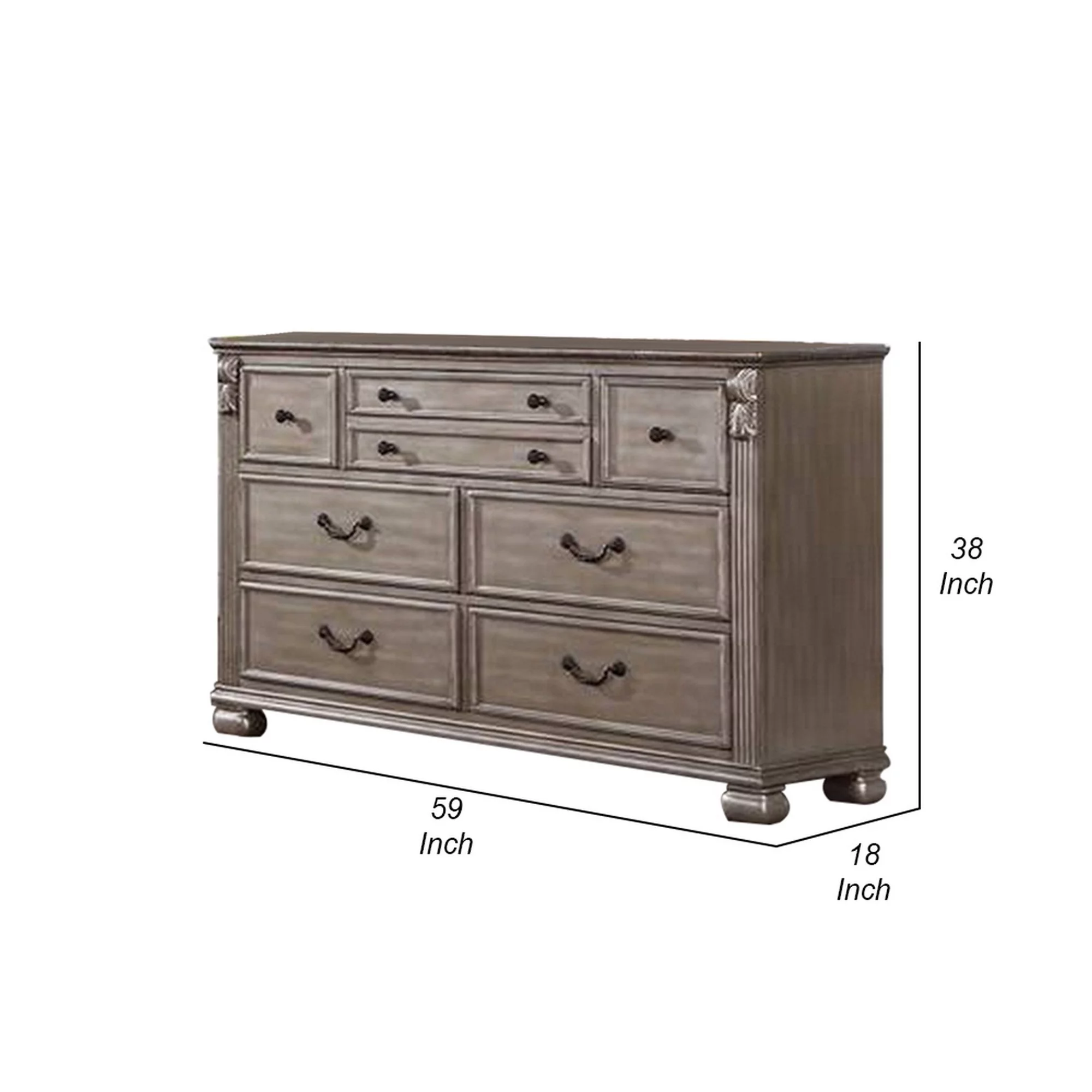 Benjara Aza 59 Inch Classic Dresser, 8 Drawers, Metal Drop Handles, Champagne Gold