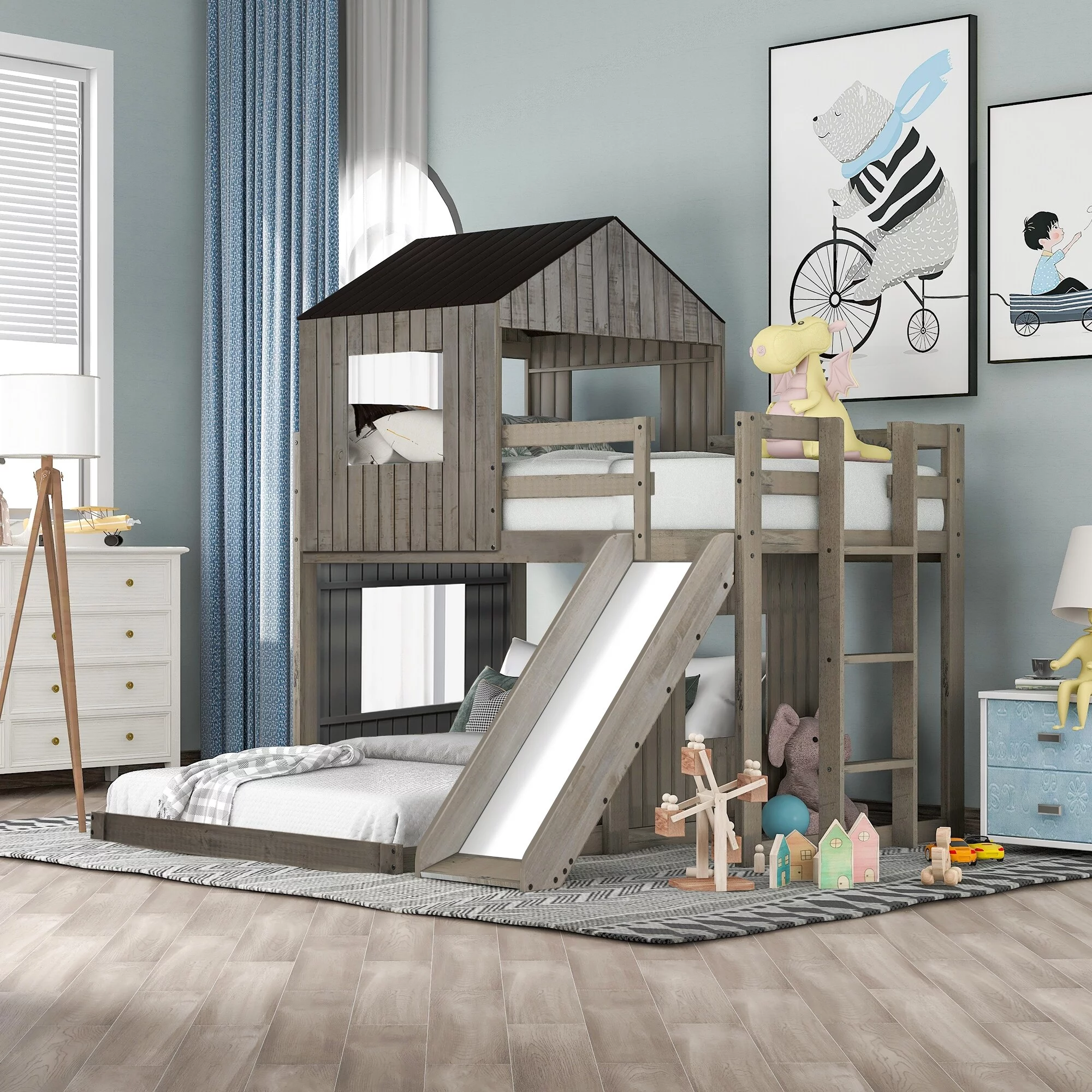 Nestfair Farmhouse Twin Over Full Bunk Bed with Playhouse Antique Gray