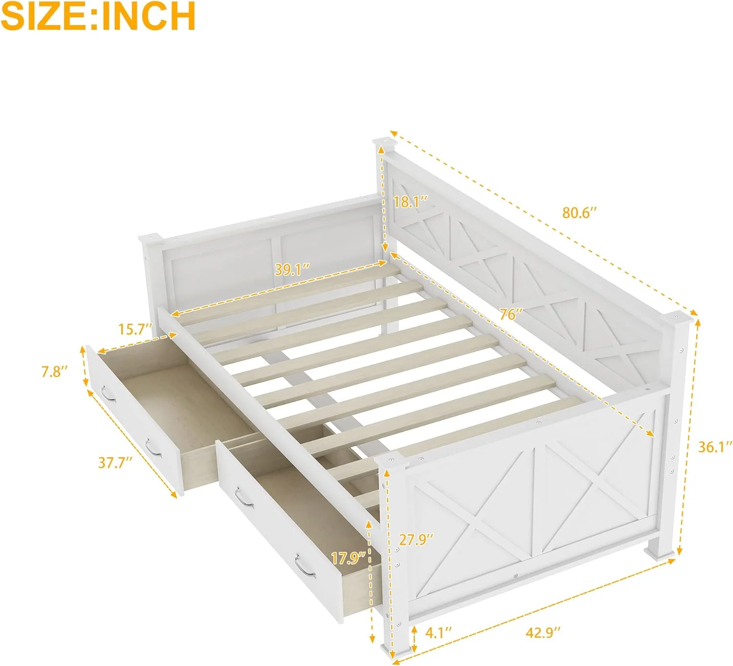 Size Daybed With Two Storage Drawers, Wood Multifunctional Sofa Bed X-Shaped Frame, Modern Daybed With Slat Support For Bedroom Living Room, White