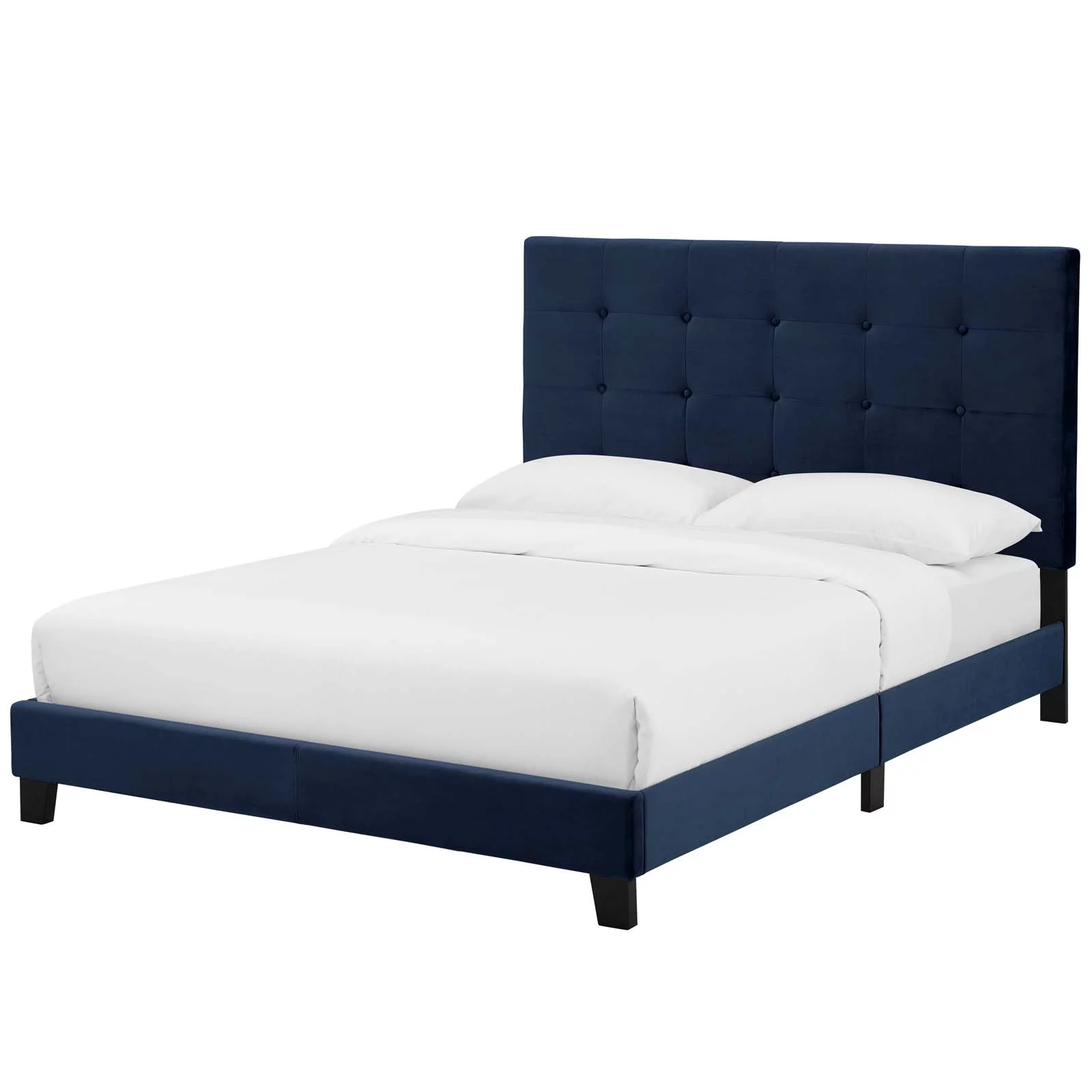Contemporary Modern Urban Designer Bedroom Queen Size Platform Bed Frame, Velvet Fabric, Navy Blue