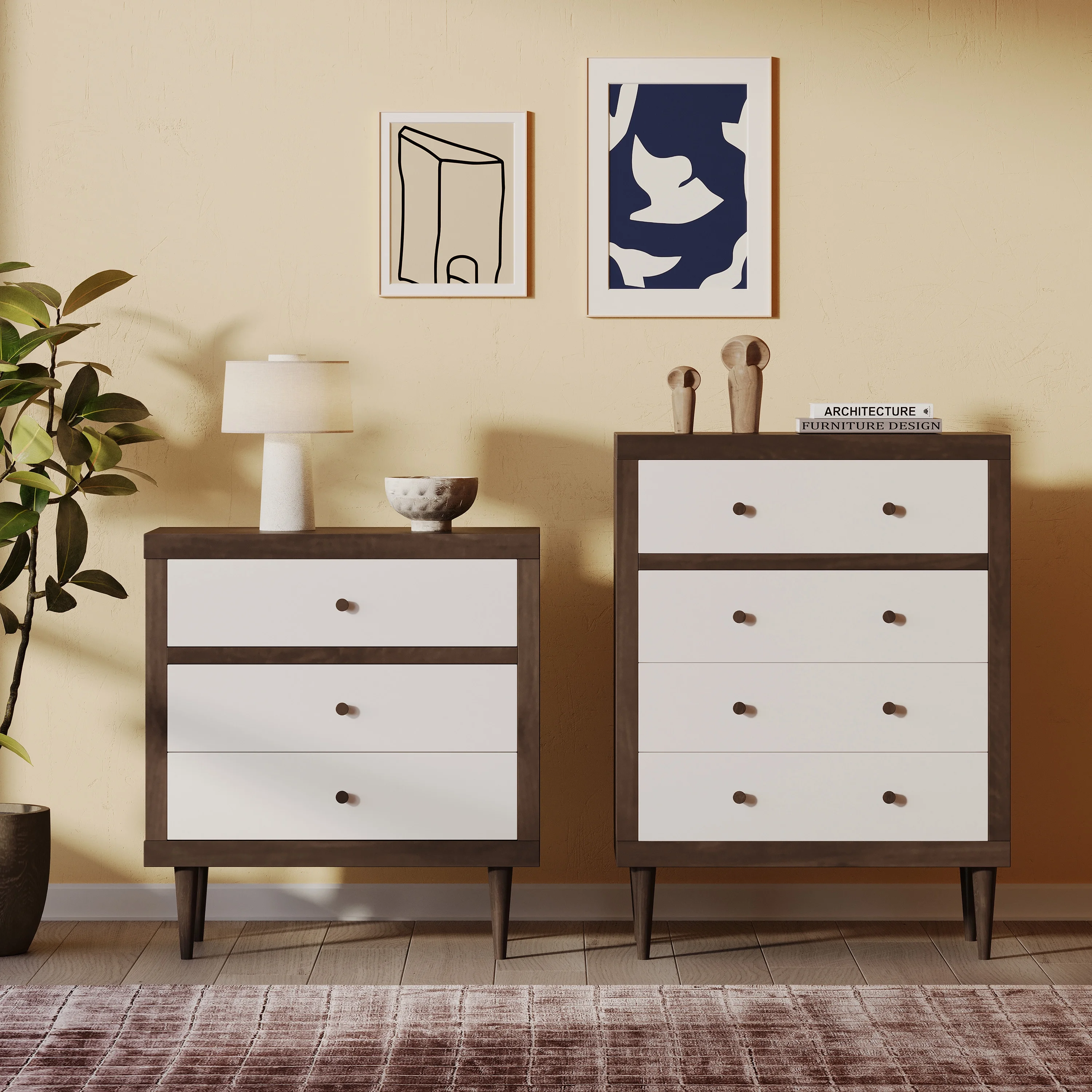 GDF Studio Farhart Mid Century Modern 2 Piece 3 Drawer Chest and 4 Drawer Dresser Bedroom Set, Walnut and White