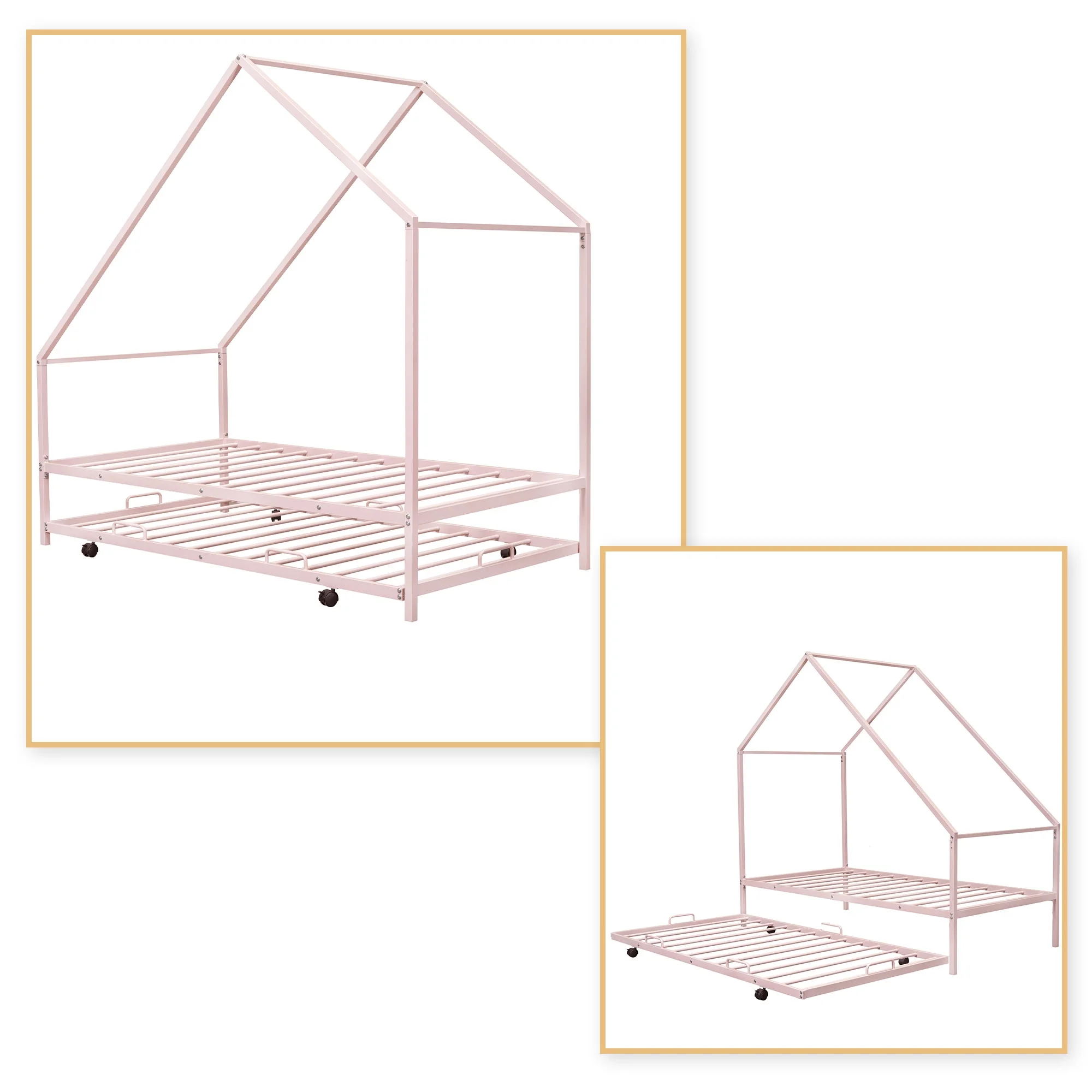 Minimalist Twin Size Metal Frame House Bed with A Trundle, Pink