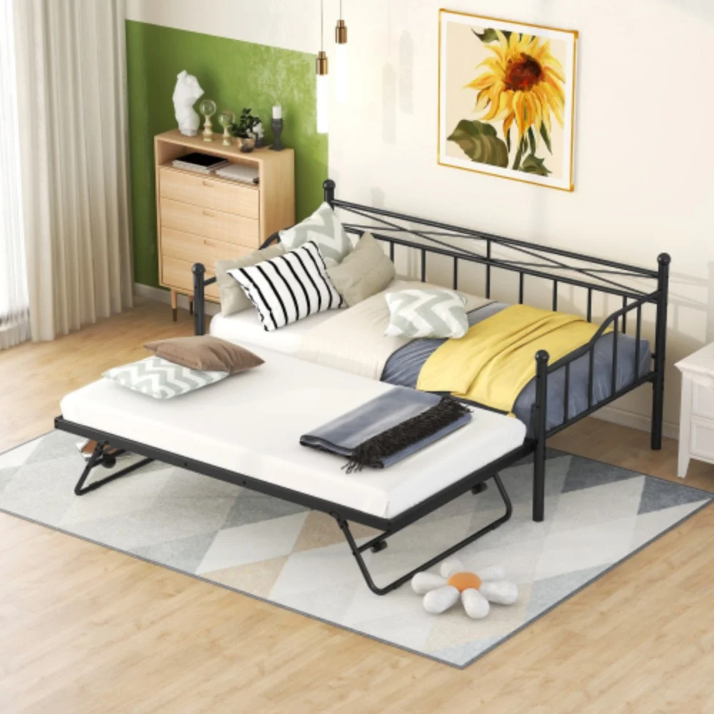 Twin Size Metal Daybed with Twin Size Adjustable Trundle, Portable Folding Trundle, Black White + Metal