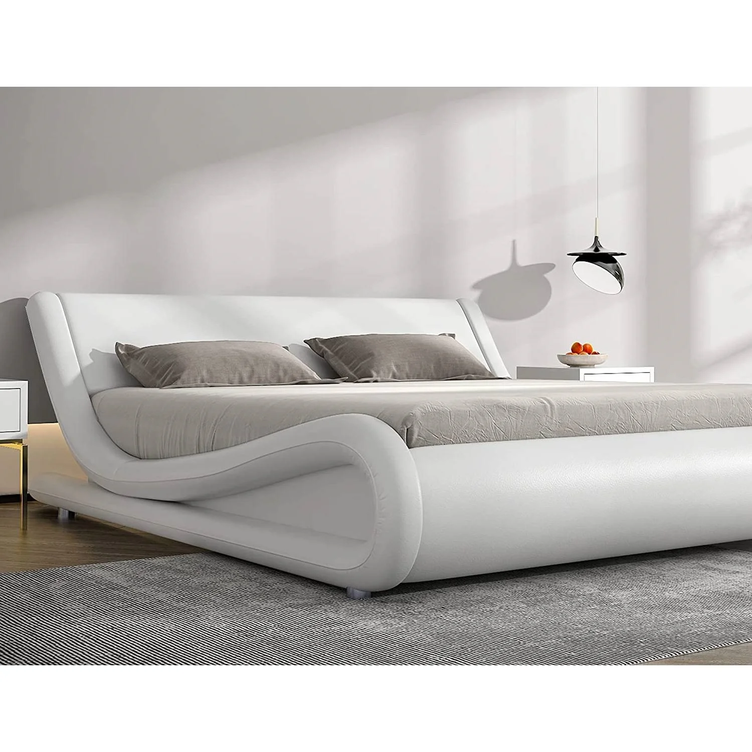 Queen Modern White Faux Leather Upholstered Platform Bed Frame with Headboard