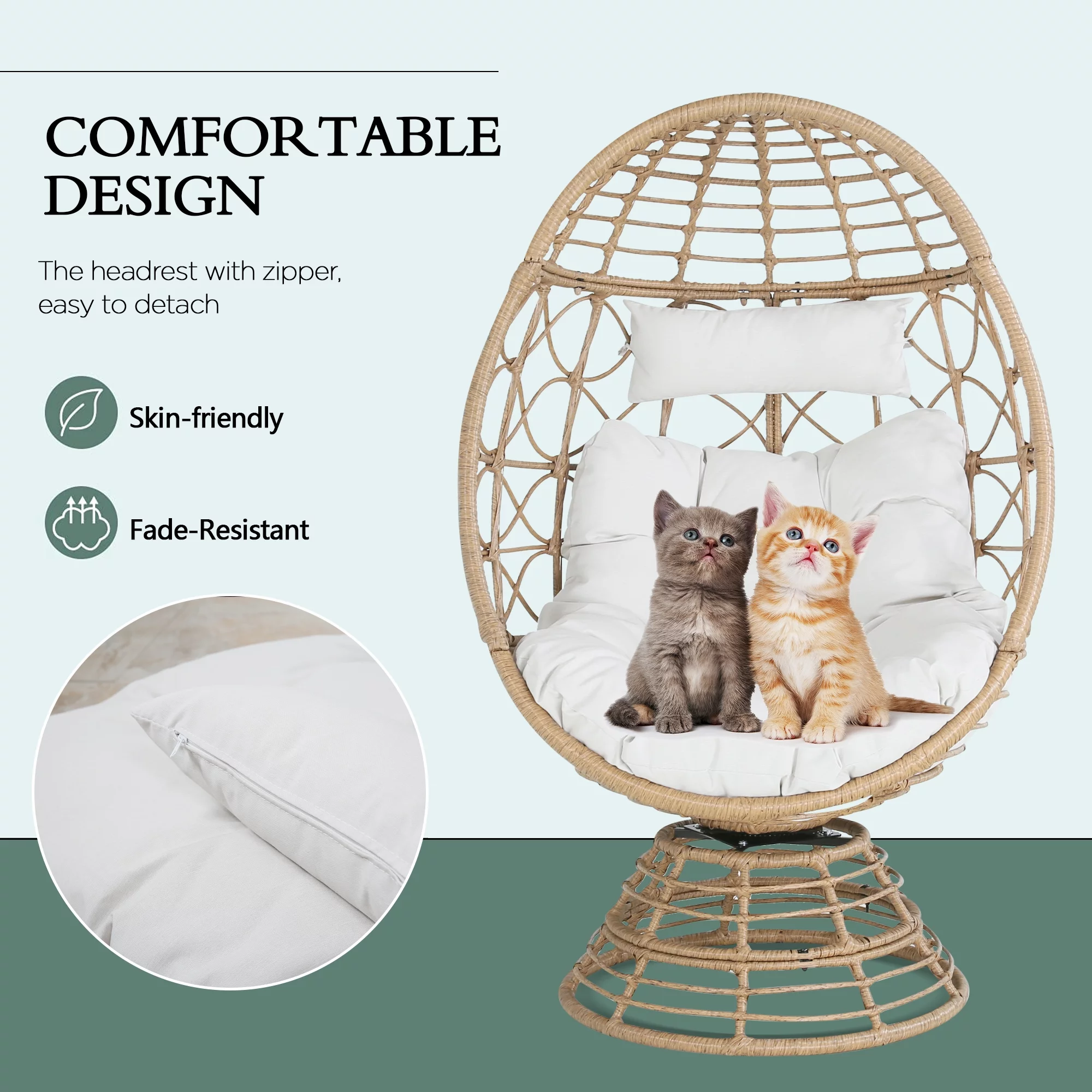 Ulax Furniture Outdoor All-weather Rattan Swivel Egg Chair Indoor Wicker Lounger with Cushions for Patio, Backyard, Living Room, Off-White