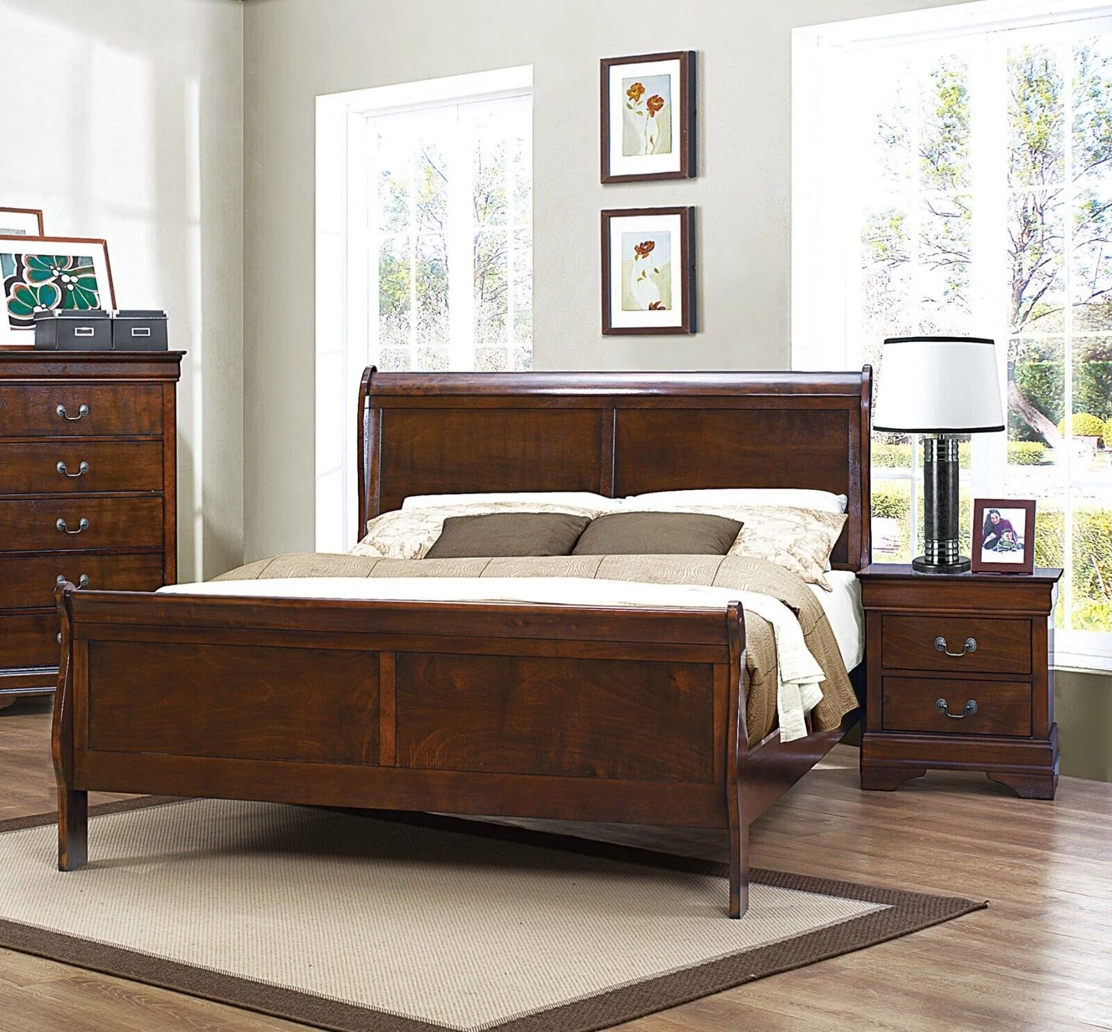 Louis Philippe Style Bedroom 3pc Set Full Size Bed 2x Nightstands Brown Cherry Finish Classic Bedroom Furniture