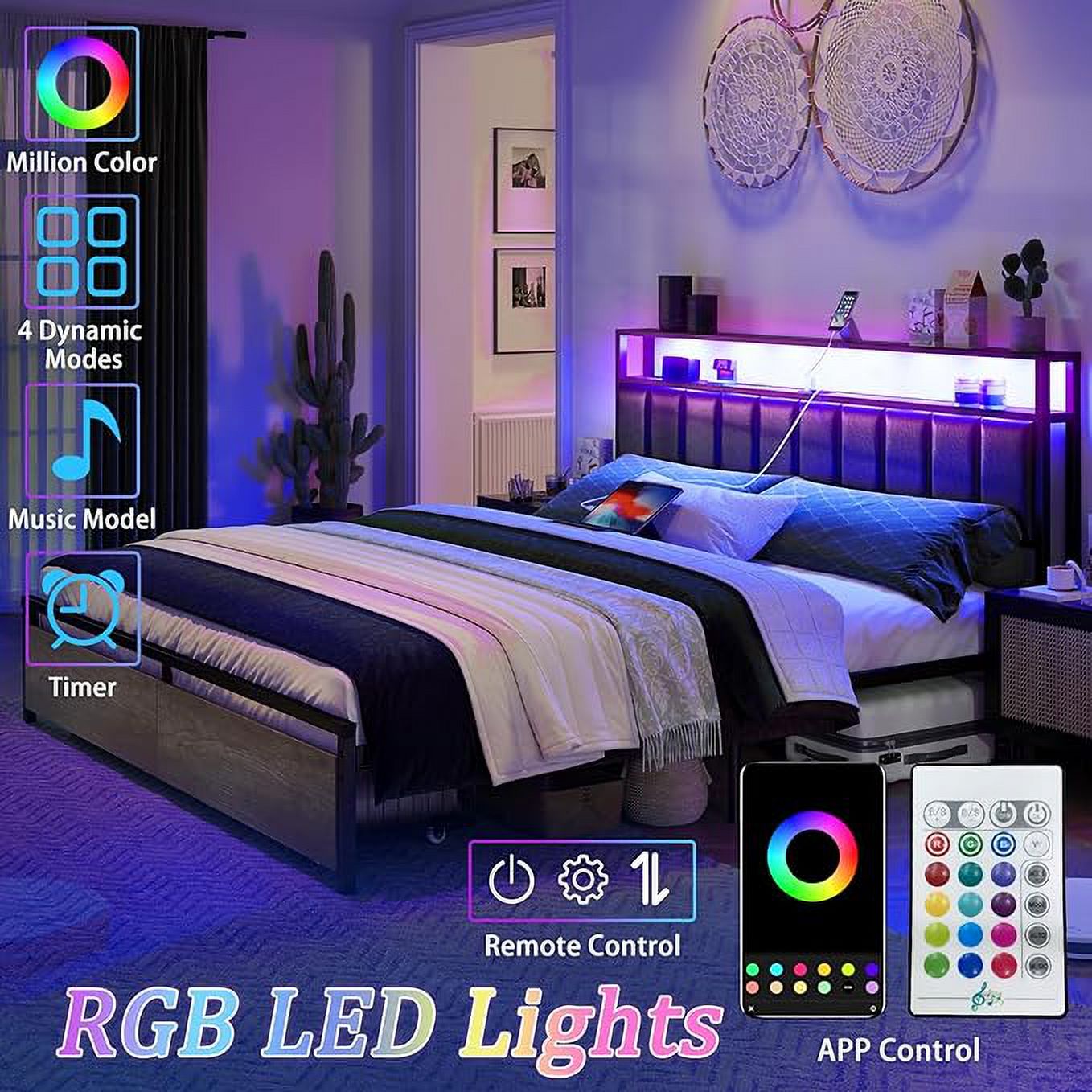 AMERLIFE LED Bed Frame with Drawers, Full Platform Bed Frame with 2-Tier Storage & Leather Upholstered & Charging Station Headboard, No Box Spring Needed, Noise Free, Easy Assembly，Rustic Grey