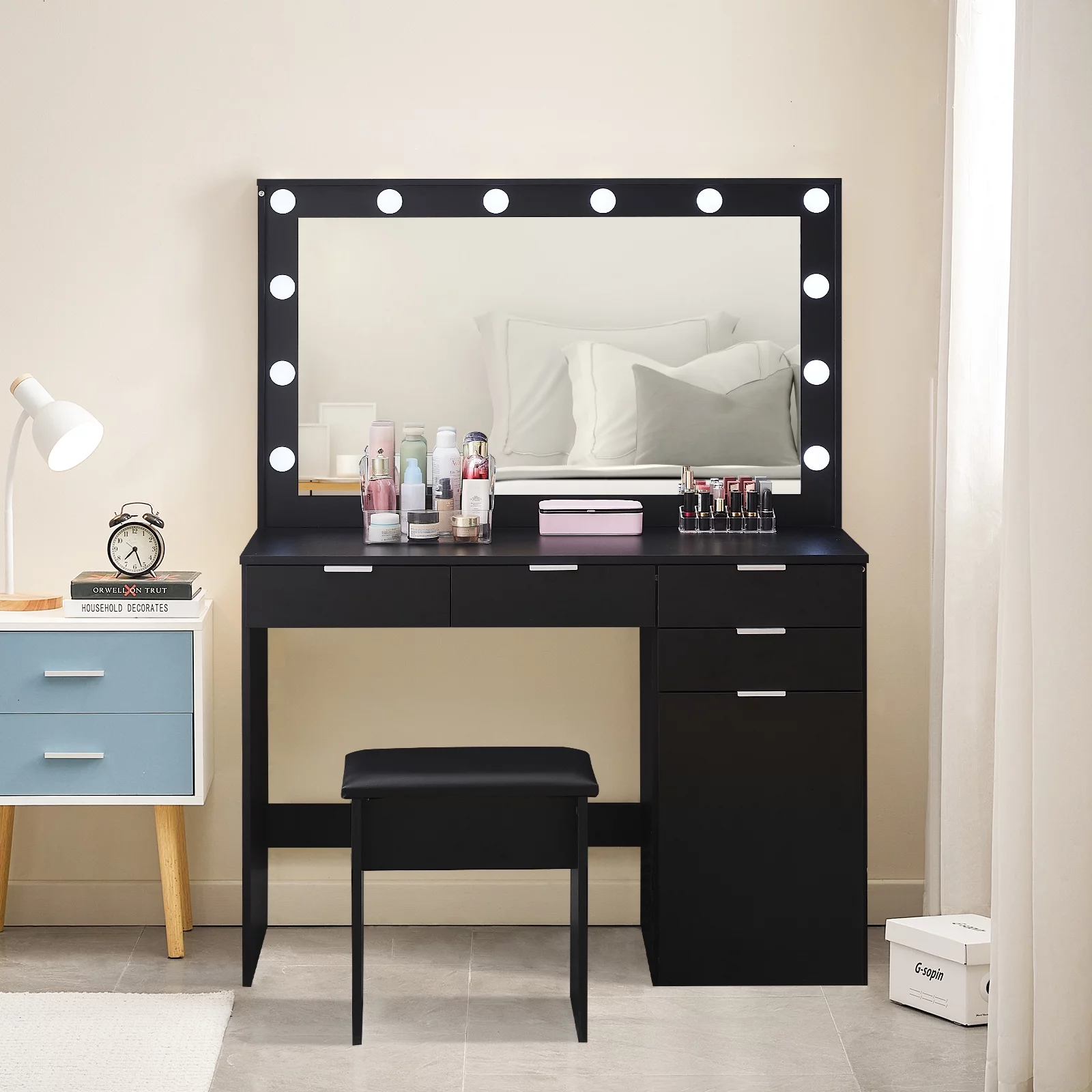 Clipop Makeup Vanity Set with Vanity Stool,4 Drawers & Storage Cabinet,with Large Mirror & 3 Colors LED Lights,Black