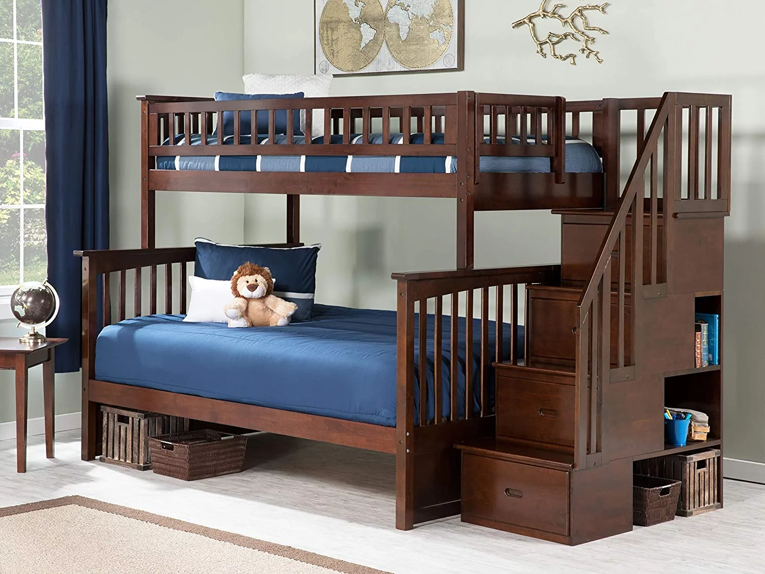Columbia Stair Bunk, Twin Over Full Size - Antique Walnut