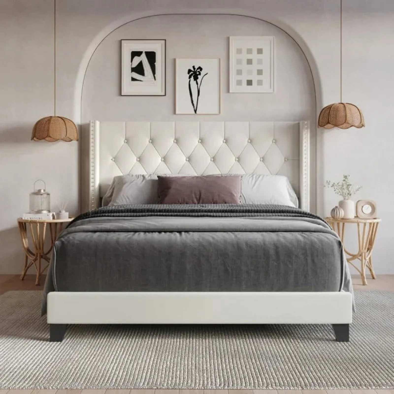 Wingback Platform Bed Frame with Headboard with Wood Slat Support and Square Stitched Headboard