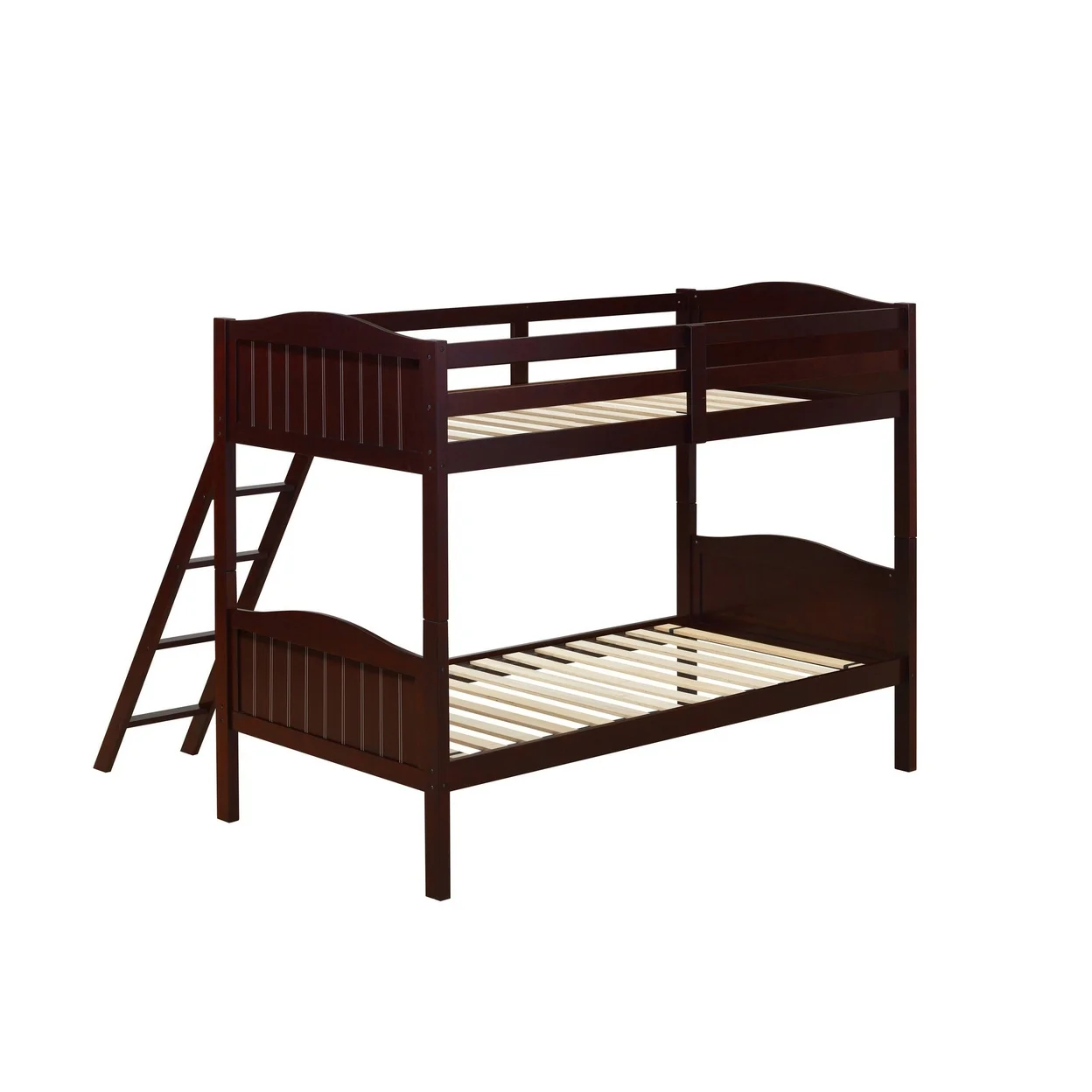 Mok Wood Twin Bunk Bed with Ladder and Guardrail Farm Plank Style Brown- Saltoro Sherpi