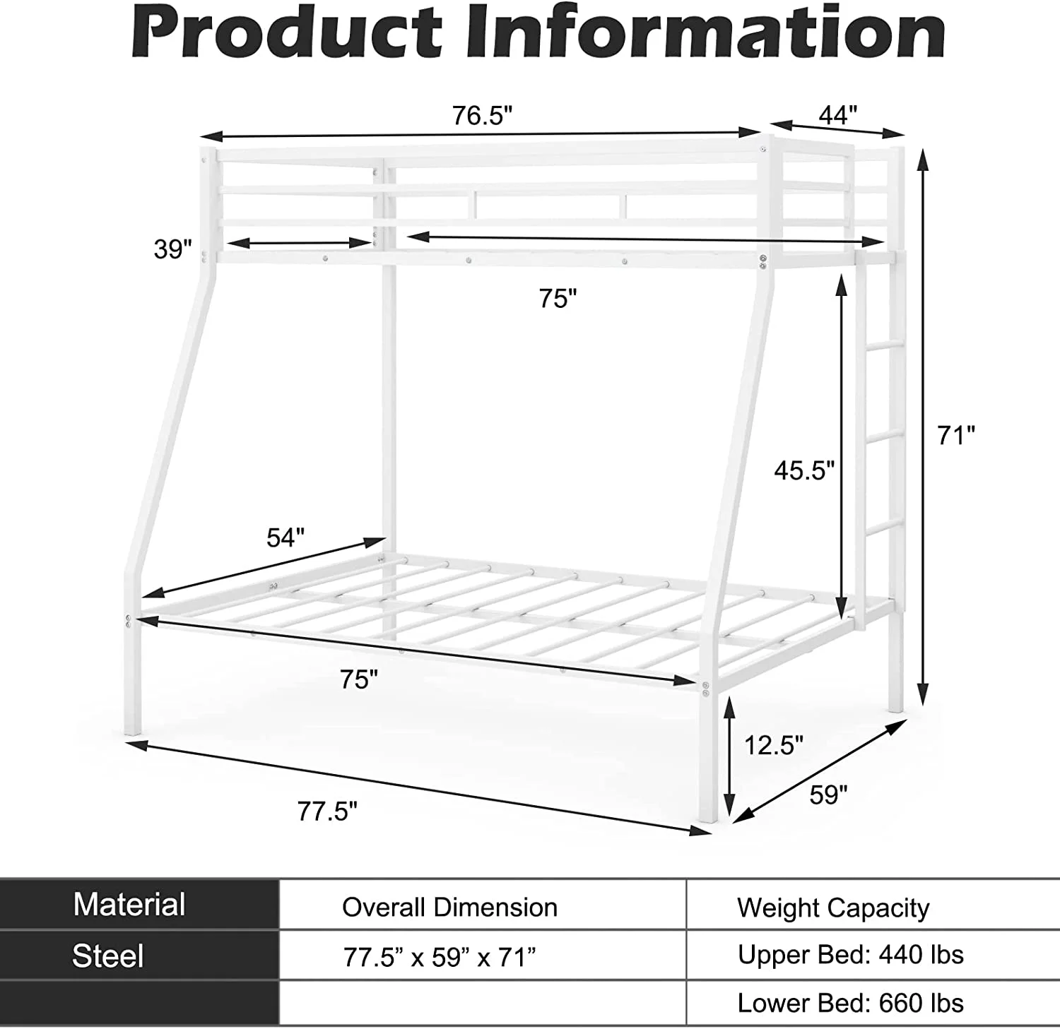 Metal Bunk Bed  Twin Over Full Size Bed w/Removable Ladder & Steel Slats Support  Space-Saving Bed Frame for Boys Girls Adults  Noise Free  No Box Spring Needed  White