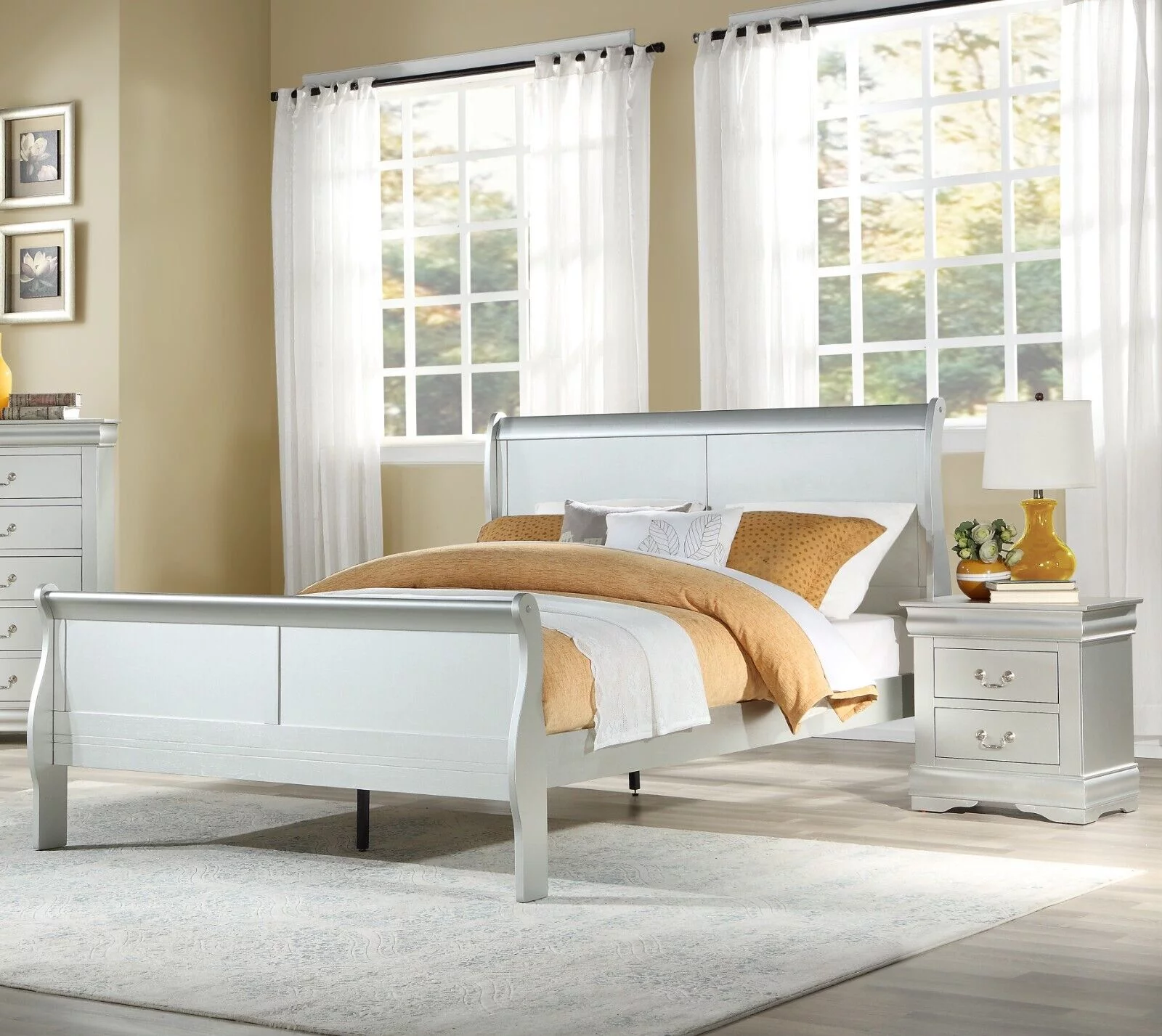 Louis Phillippe 3pc Bedroom Set Full Bed 2x Nightstands Platinum Finish Classic Bedroom Furniture