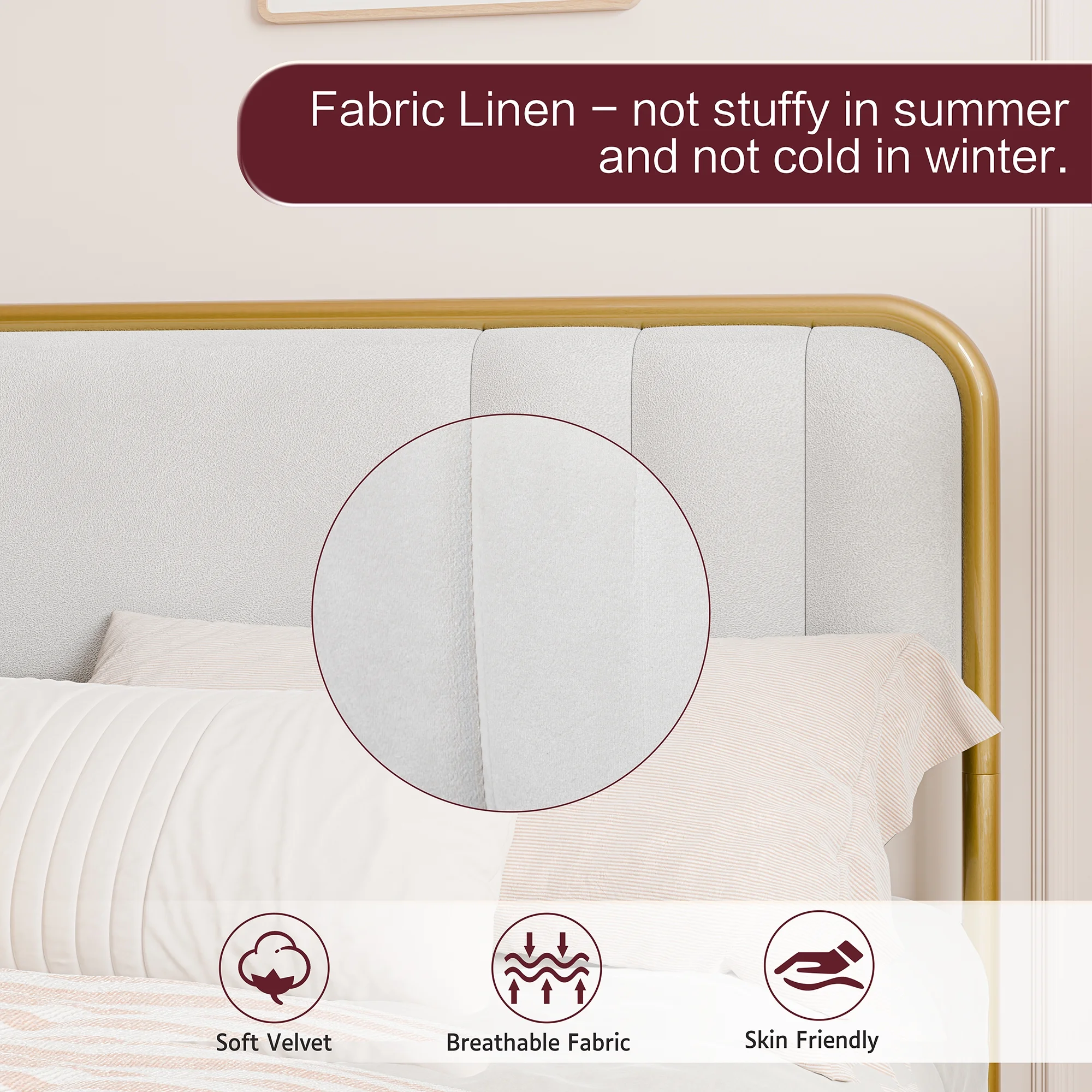 Walsunny Gold Queen Size Bed Frame with Velvet Fabric Headboard, Metal Platform Bed with 13