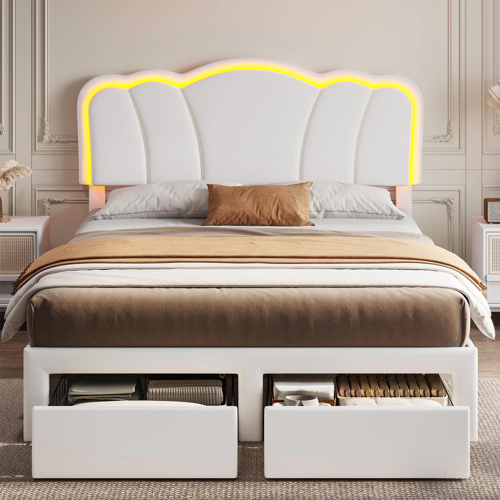 Queen Size Led Bed Frame with 2 Storage Drawers,Upholstered Platform Storage Bed with Drawers and Flower Headboard,White