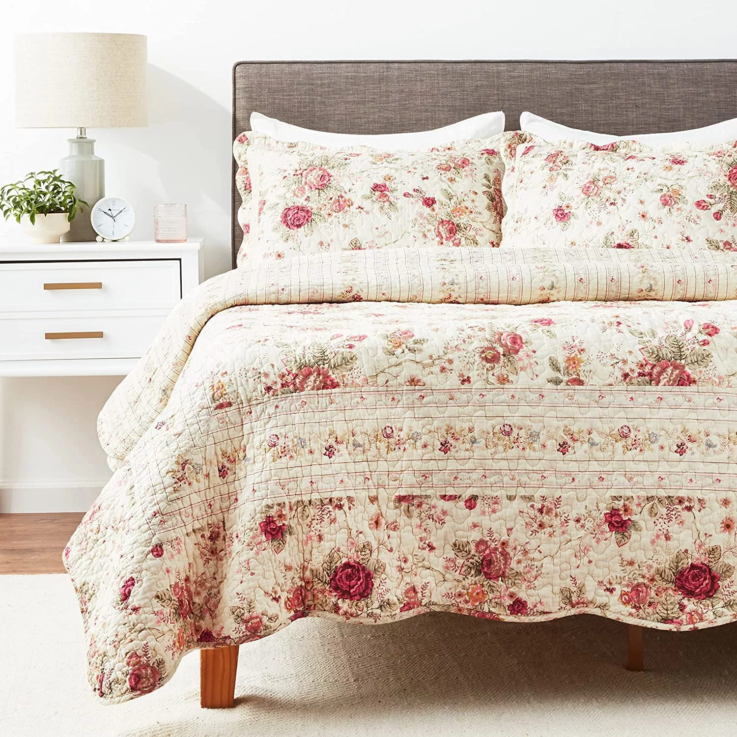 Greenland Home Fashions Antique Rose 100% Cotton Quilt Set, Ecru, 2-Piece Twin/XL