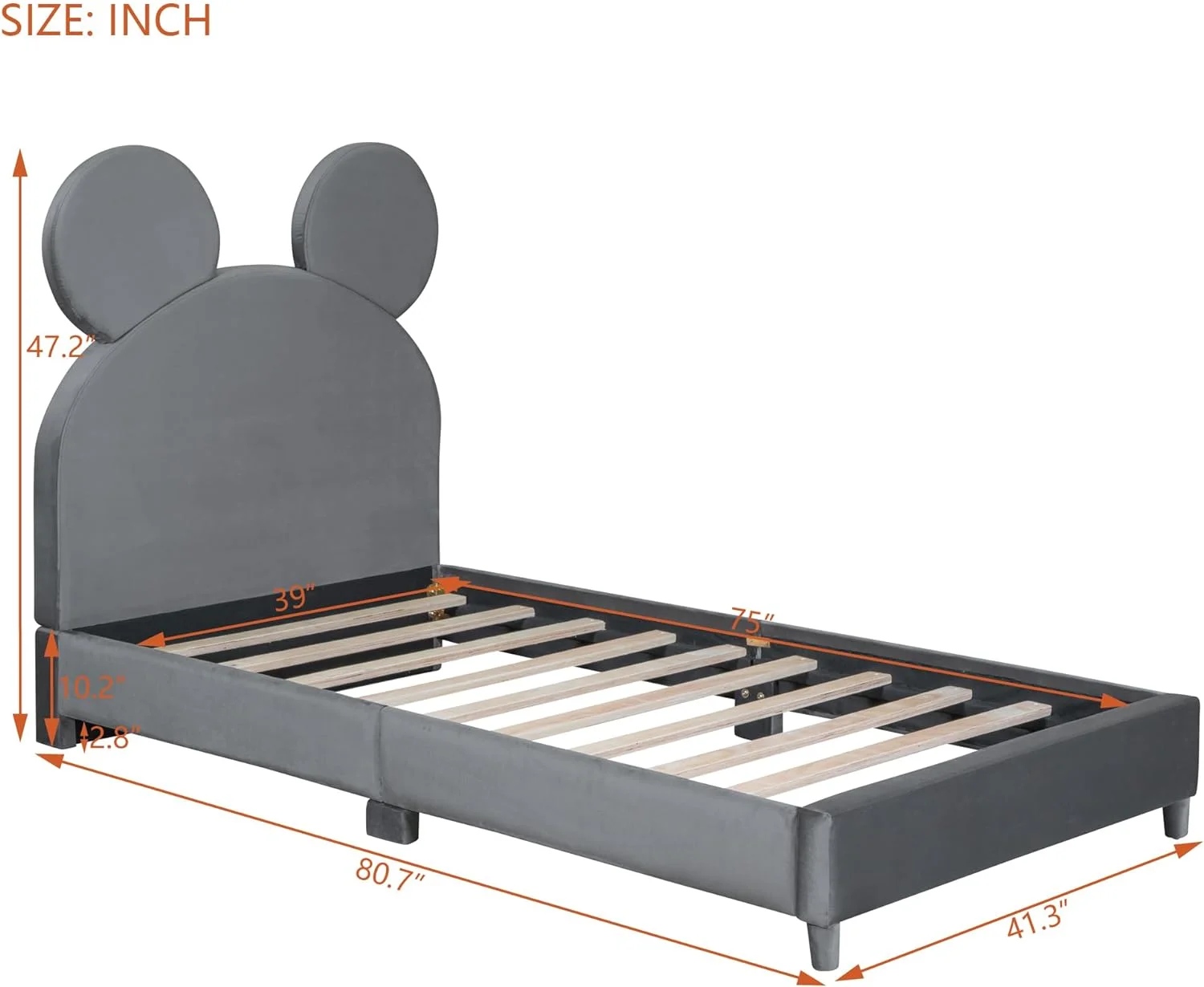 Size Upholstered Platform Bed With Bear Ear Shape Headboard, Small Platform Bed For Kids, Cute Platform Bed Frame, Grey
