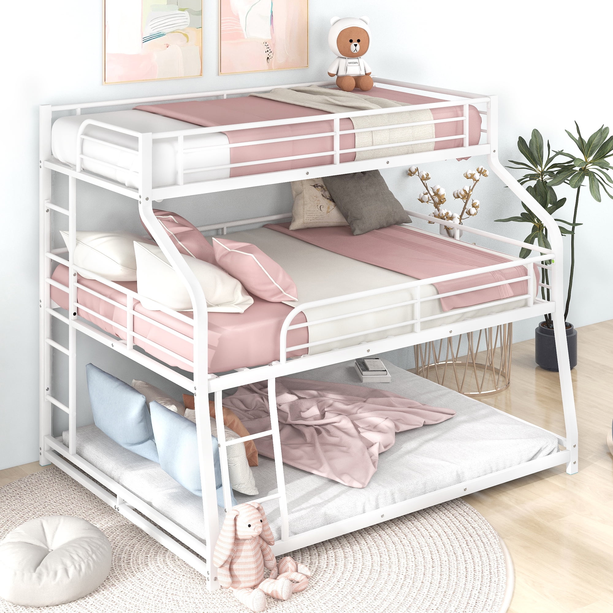 Metal Twin XL/Full XL/Queen Triple Bunk Beds Frame with Long and Short Ladder & Full-Length Guardrail, Space-Saving, No Box Spring Needed, Noise Free