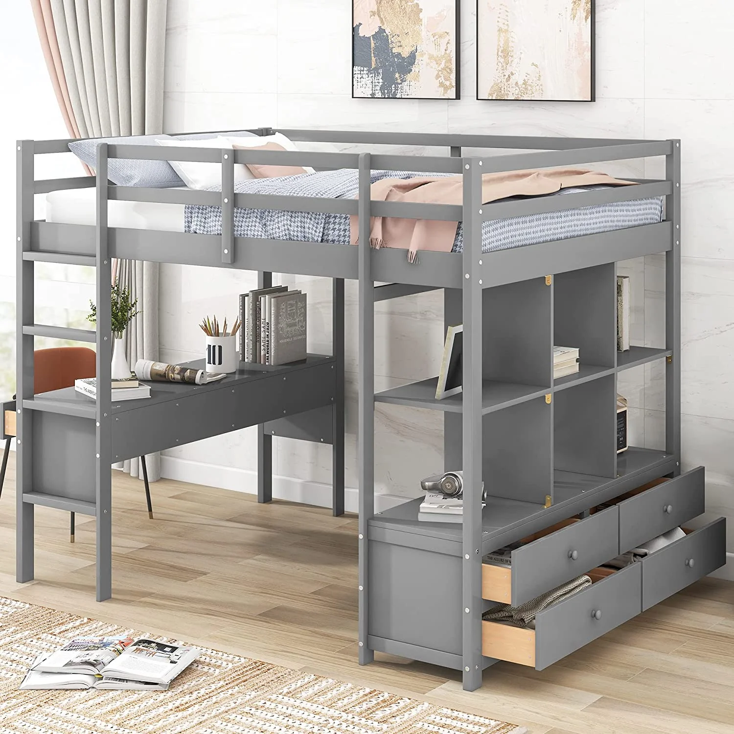 Full Loft Bed With Desk Ad Storage Drawers, Solid Wood Loft Bed Frame With Bookshelf (Full Size, Gray)