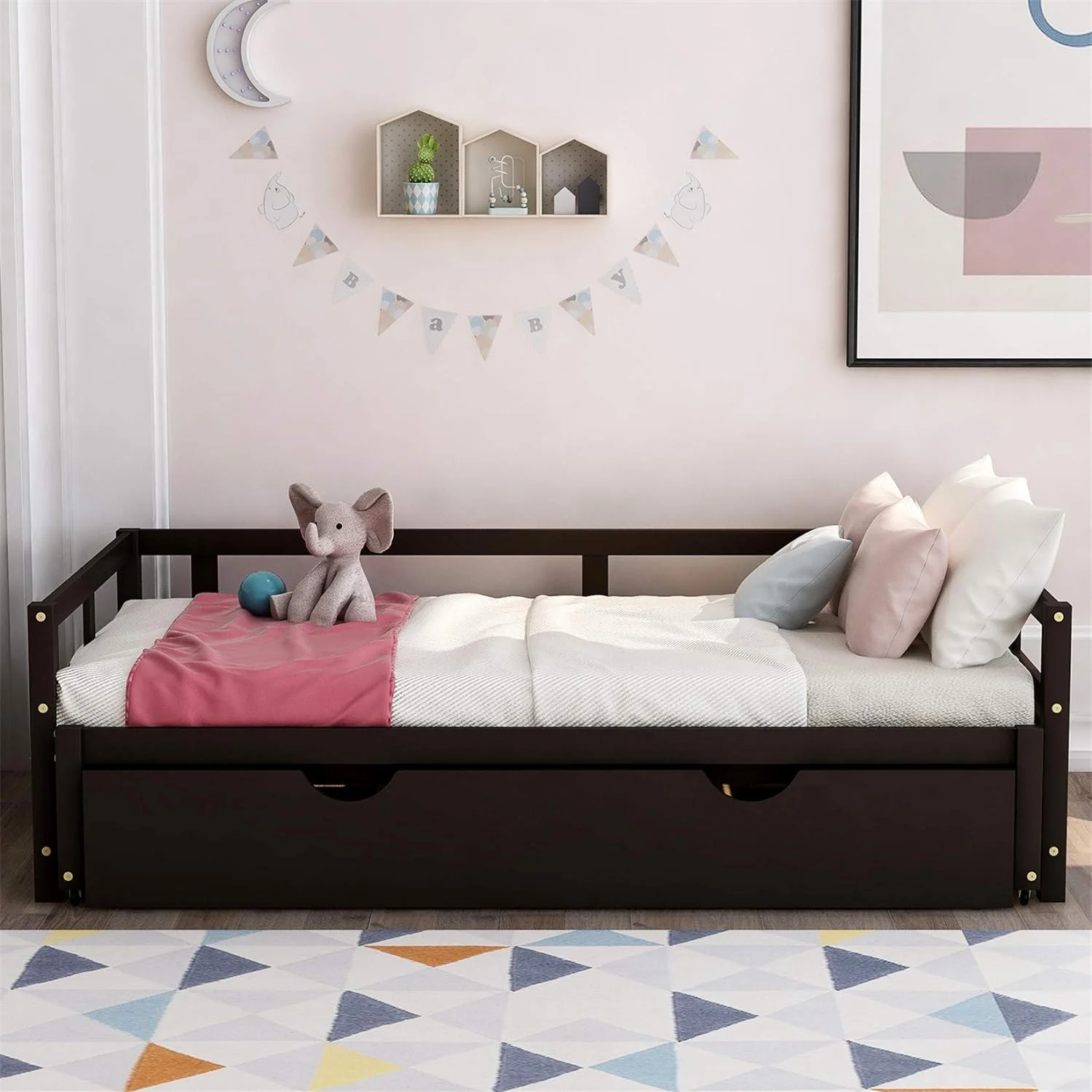 Daybed With Trundle, To King Design Sofa Bed, Wooden Extendable Bed Daybed For Bedroom Living Room, Espresso