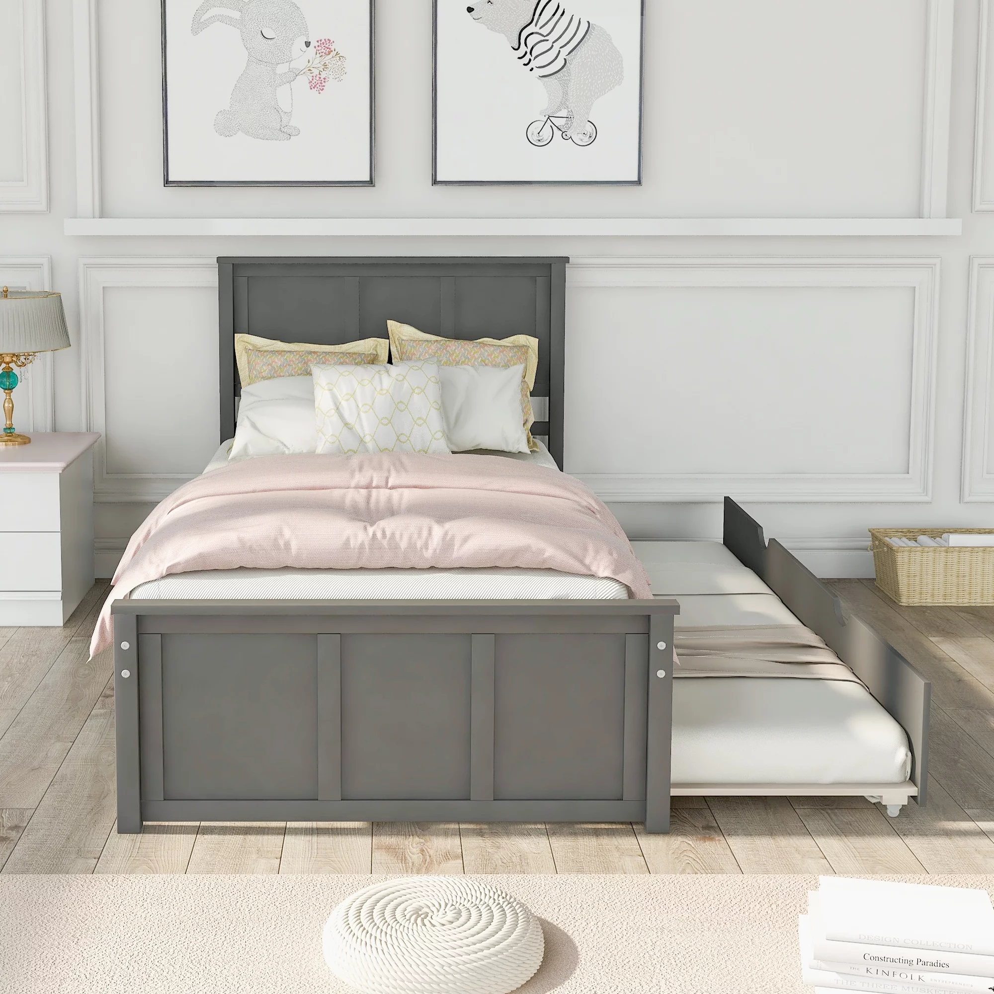 Nestfair Gray Twin Size Platform Bed with Trundle